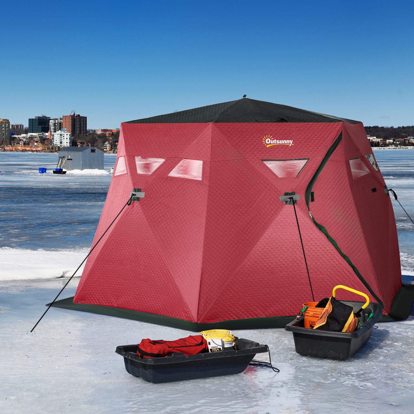 4 Person Insulated Ice Fishing Shelter, Pop-Up Portable Ice Fishing Tent with Carry Bag and Two Doors for -22℉, Red Ice Fishing Tents   at Gallery Canada