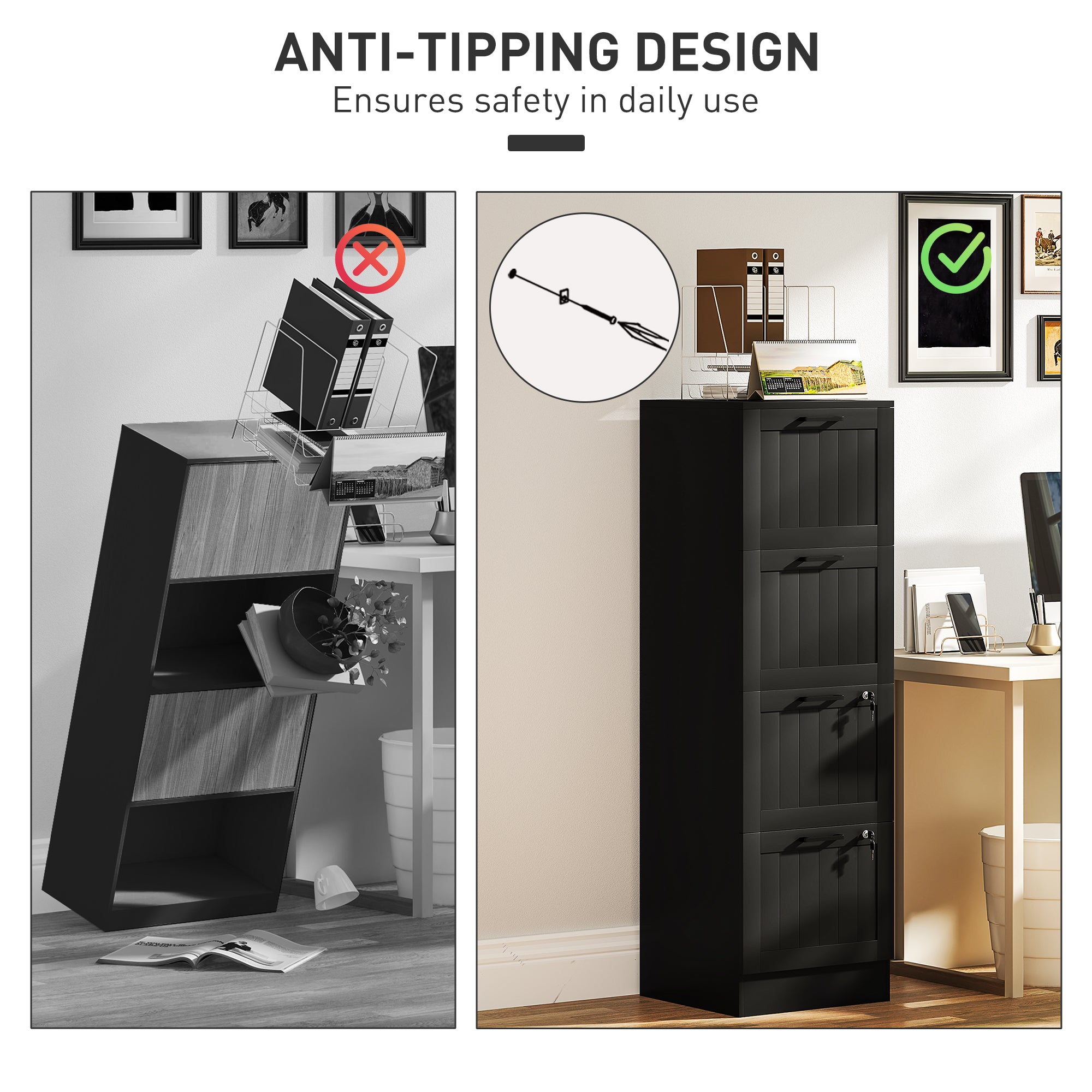 4 Drawer Filing Cabinet with Lock, Office Storage Cabinet with Adjustable Hanging Bars for A4 Letter Size Files, Black Office Cabinets & Cupboards at Gallery Canada