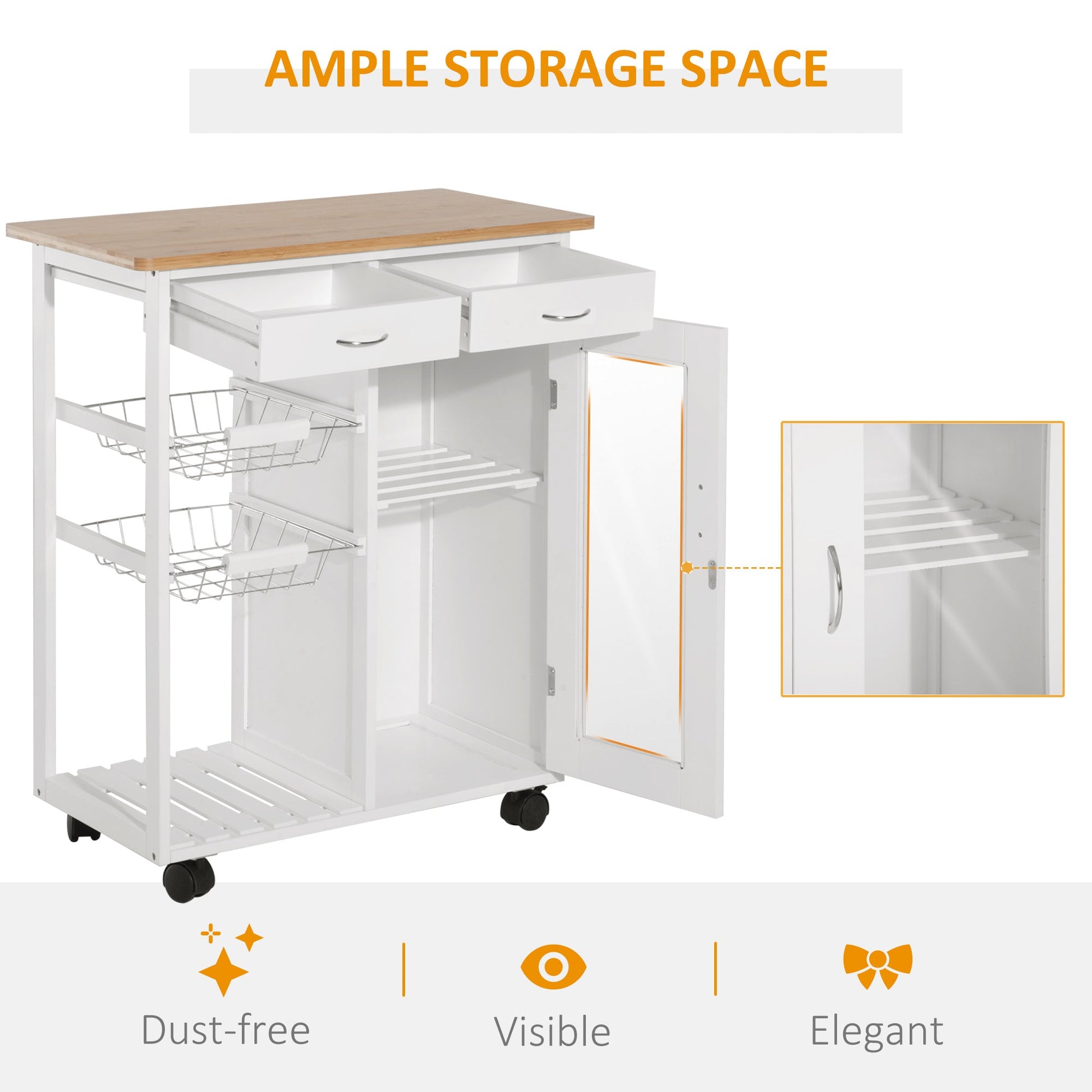 34" Rolling Wood Kitchen Trolley Serving Cart with Drawer and Cabinet Wheeled Kitchen Storage Island White with Bamboo Top Kitchen Islands & Kitchen Carts   at Gallery Canada