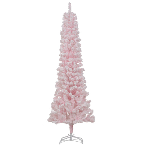 5ft Flocked Christmas Tree, Pencil Christmas Tree with Realistic Branch Tips, Folding Metal Stand, Pink