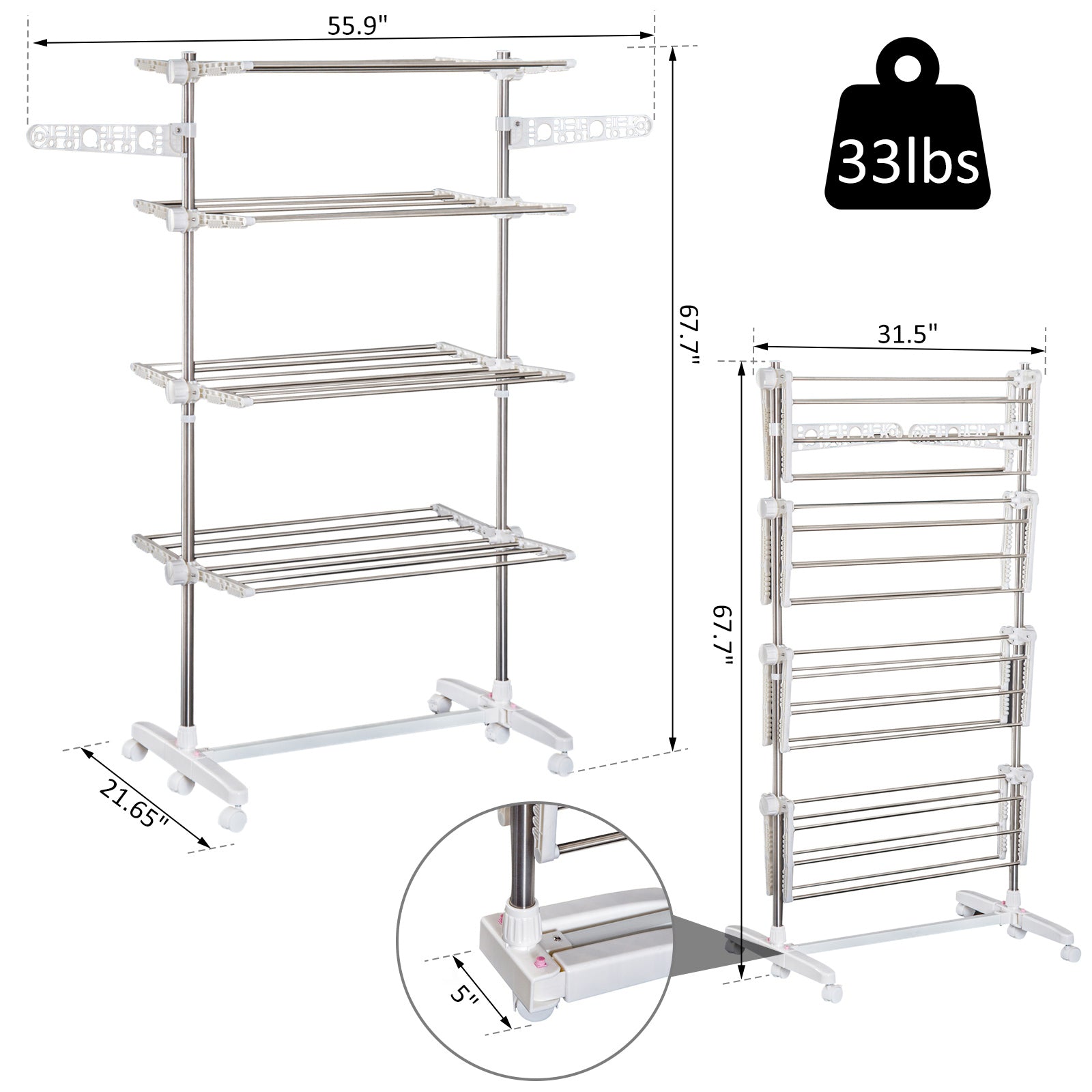 4 Layers Folding Clothes Hanger Stand Dryer Storage Towel Rack Rolling White Bath Accessories Silver and White  at Gallery Canada