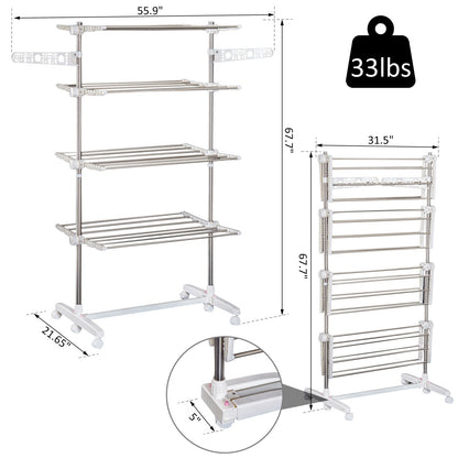 4 Layers Folding Clothes Hanger Stand Dryer Storage Towel Rack Rolling White Bath Accessories Silver and White  at Gallery Canada