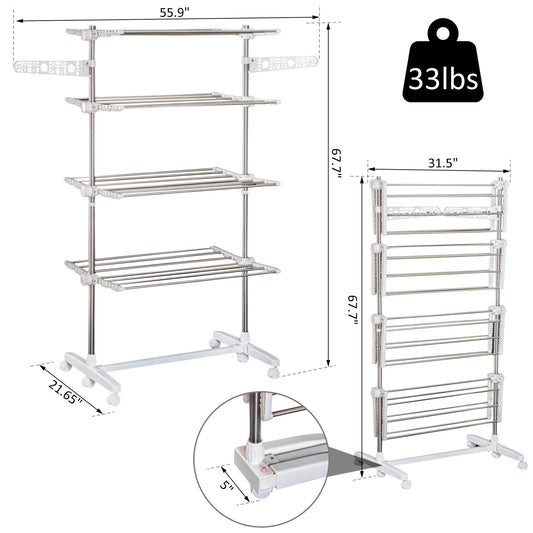 4 Layers Folding Clothes Hanger Stand Dryer Storage Towel Rack Rolling White Bath Accessories Silver and White  at Gallery Canada