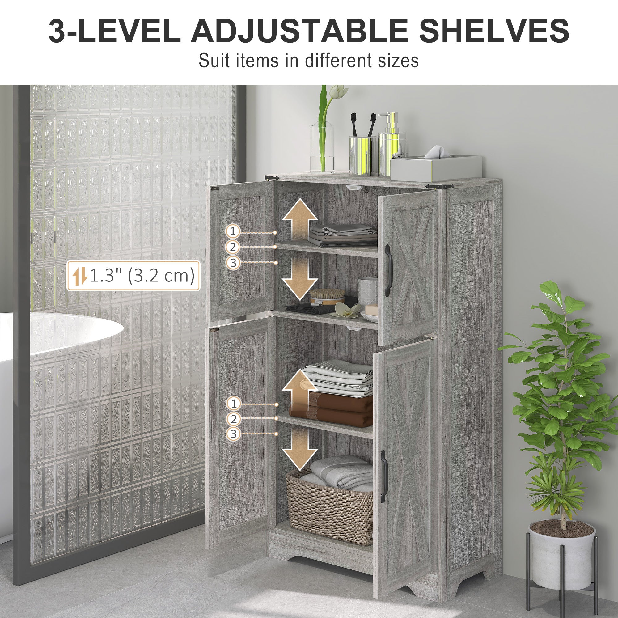 Farmhouse Kitchen Pantry, Freestanding Kitchen Pantry Storage Cabinet with Barn Doors and Adjustable Shelves, Grey Kitchen Pantry Cabinets at Gallery Canada