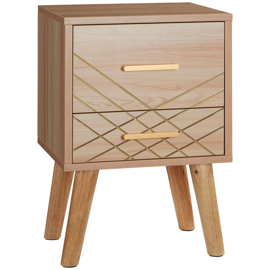 Scandinavian Bedside Table, Side End Table with 2 Drawers and Wood Legs, 13.8" x 12.6" x 20.3", Natural Bedside Tables Natural  at Gallery Canada