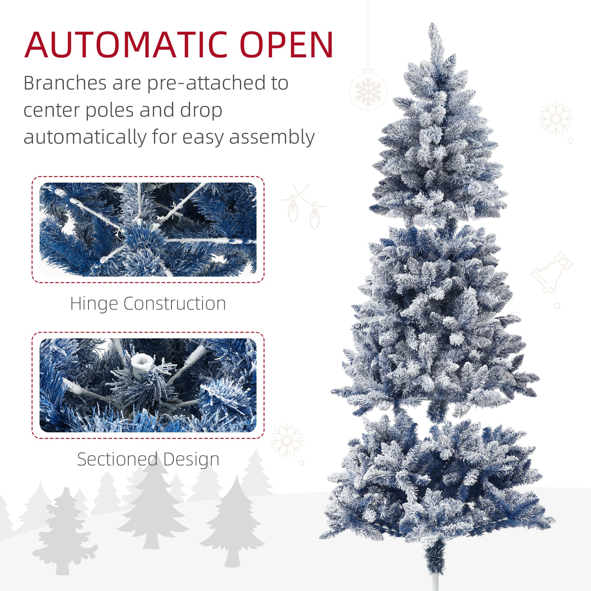 6ft Flocked Blue Christmas Tree, Artificial Christmas Tree with Hinged Design, Faux Snow, for Home Office Holiday Xmas Flocked Christmas Trees   at Gallery Canada