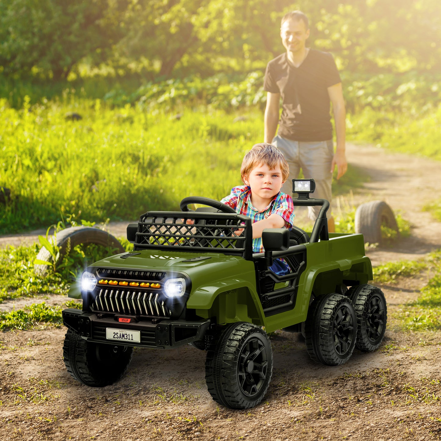 12V 4WD/2WD Kids Electric Car w/ Remote Control, Spring Suspension, Back Trailer, Light, Music, Soft Start, Dark Green Electric Toy Cars Dark Green  at Gallery Canada