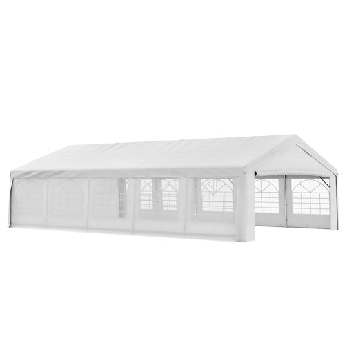 33'x20' Heavy Duty Steel Carport Garage Wedding Party Event Tent Shelter Gazebo Outdoor w/ Sidewalls Canopy Pavilion White