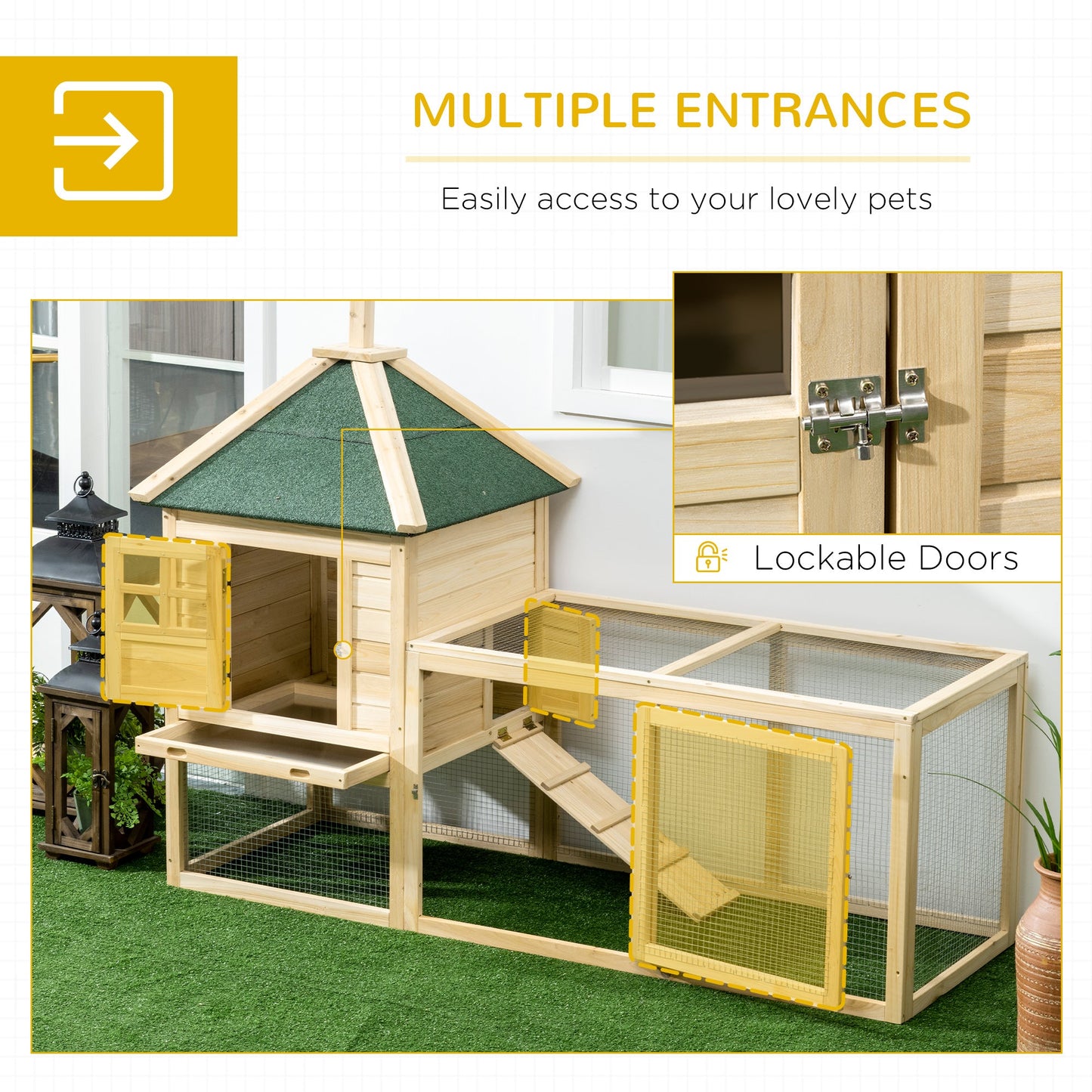 68" Wooden Rabbit Hutch, Pet Playpen with 3 Doors, Bunny House Enclosure with Slide-out Tray, Ramp, for Rabbits and Small Animals, Natural Rabbit Hutch   at Gallery Canada