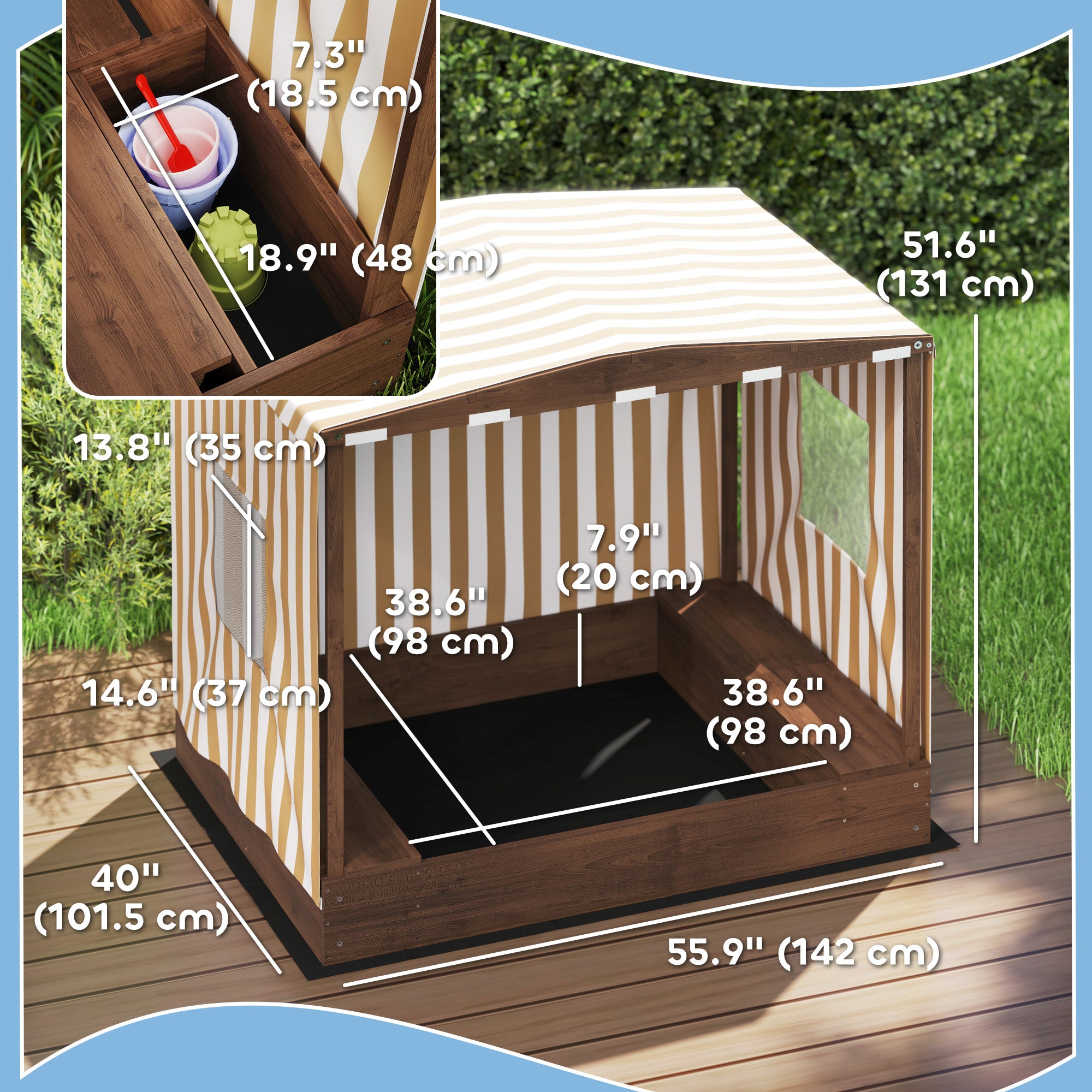 Kids Sandbox with Full Covered Canopy, Bench Seats, Bottom Liner, for Ages 3-6, 56