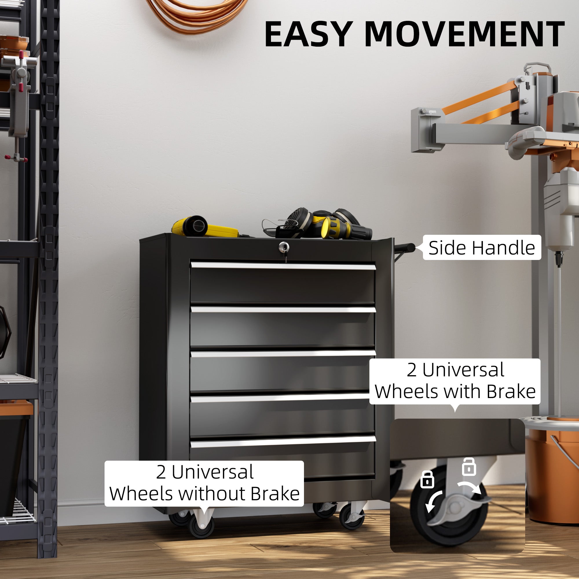 5 Drawer Roller Tool Chest, Mobile Lockable Toolbox, Storage Organizer with Handle for Workshop Mechanics Garage, Black Tool Organizers at Gallery Canada