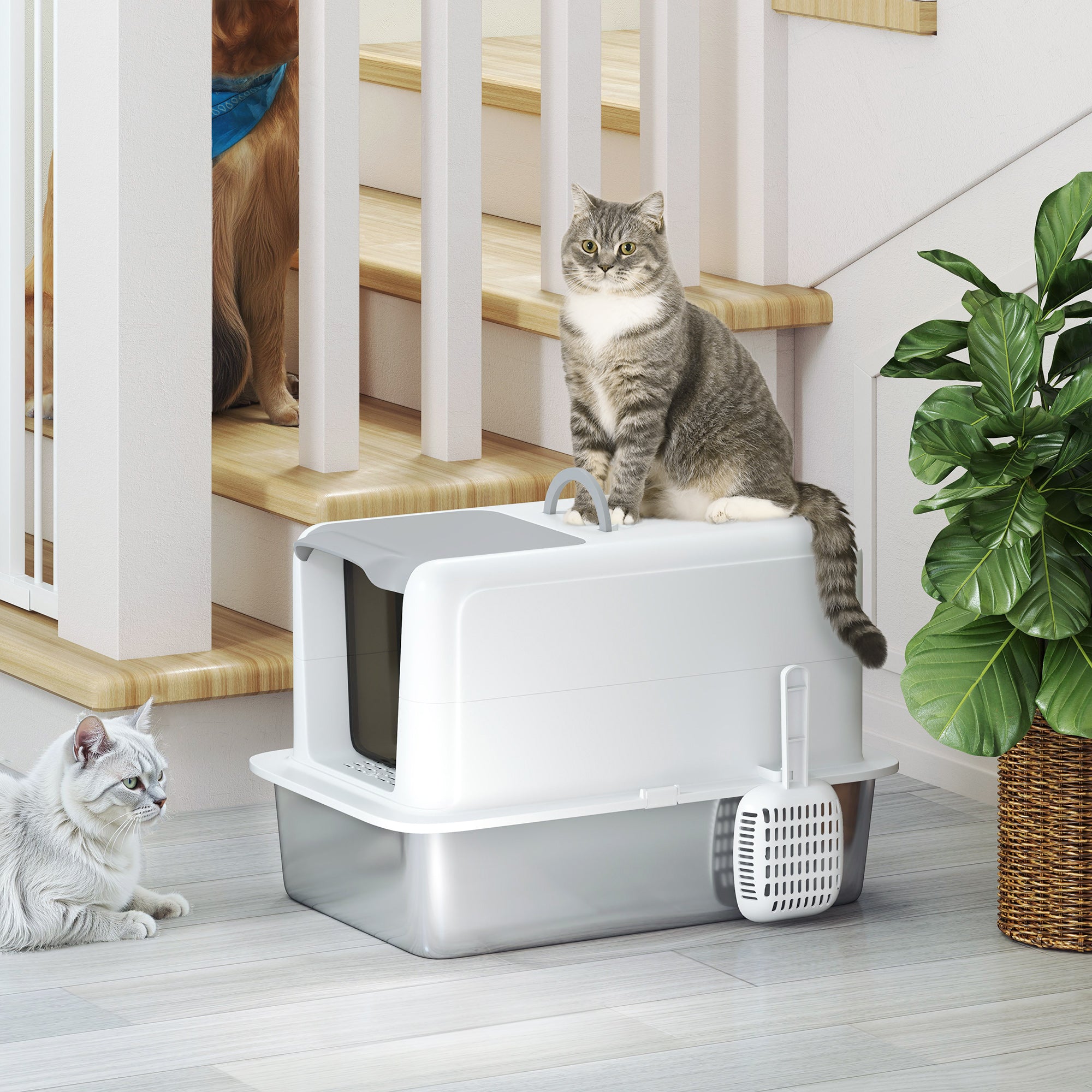 Stainless Steel Cat Litter Box w/ Removable Lid &; Scoop, for Small to Large Cats, Easy to Clean, White Cat Litter Box Enclosures at Gallery Canada
