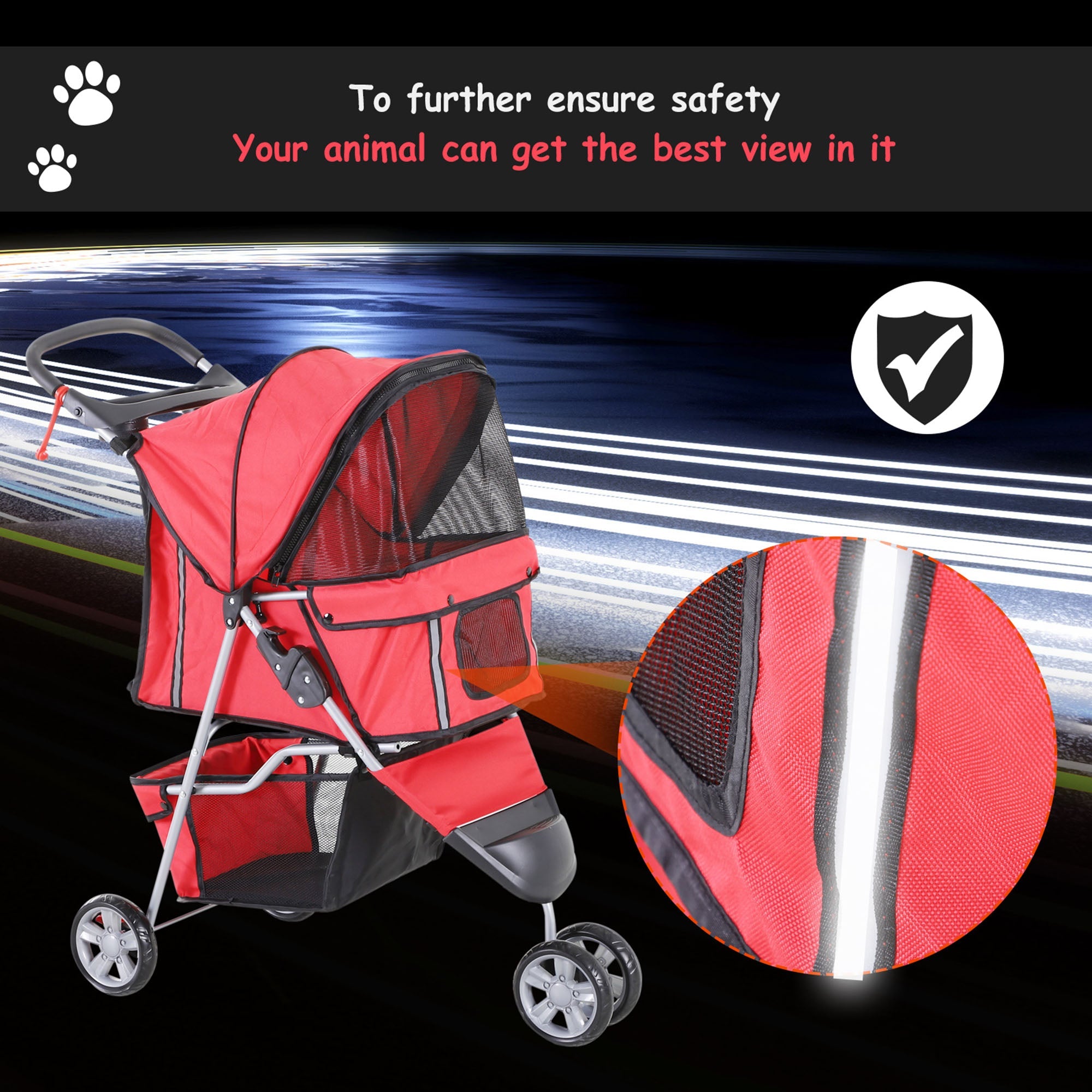 Deluxe 3 Wheels Pet Stroller Foldable Dog Cat Carrier Strolling Jogger with Brake, Canopy, Cup Holders and Bottom Storage Space (Red) Dog Bike Trailers & Strollers   at Gallery Canada