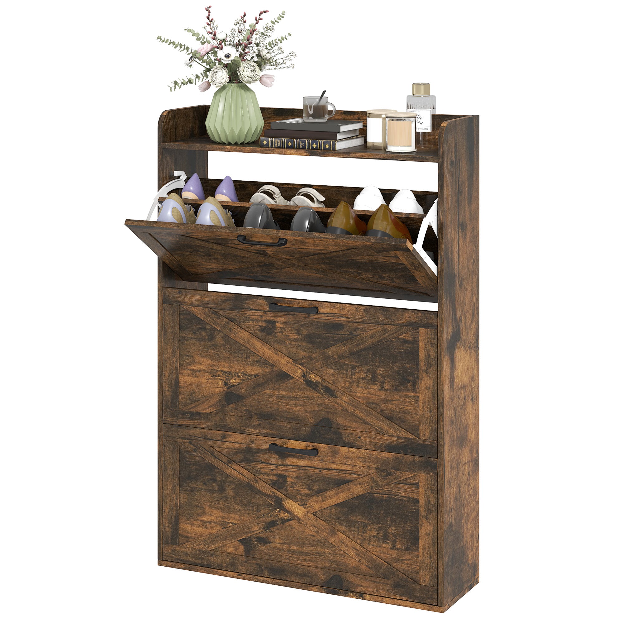 Narrow Shoe Storage Cabinet Farmhouse Shoe Cabinet with 3 Flip Drawers Adjustable Shelves for Entryway Rustic Brown Shoe Storage Cabinets & Racks at Gallery Canada
