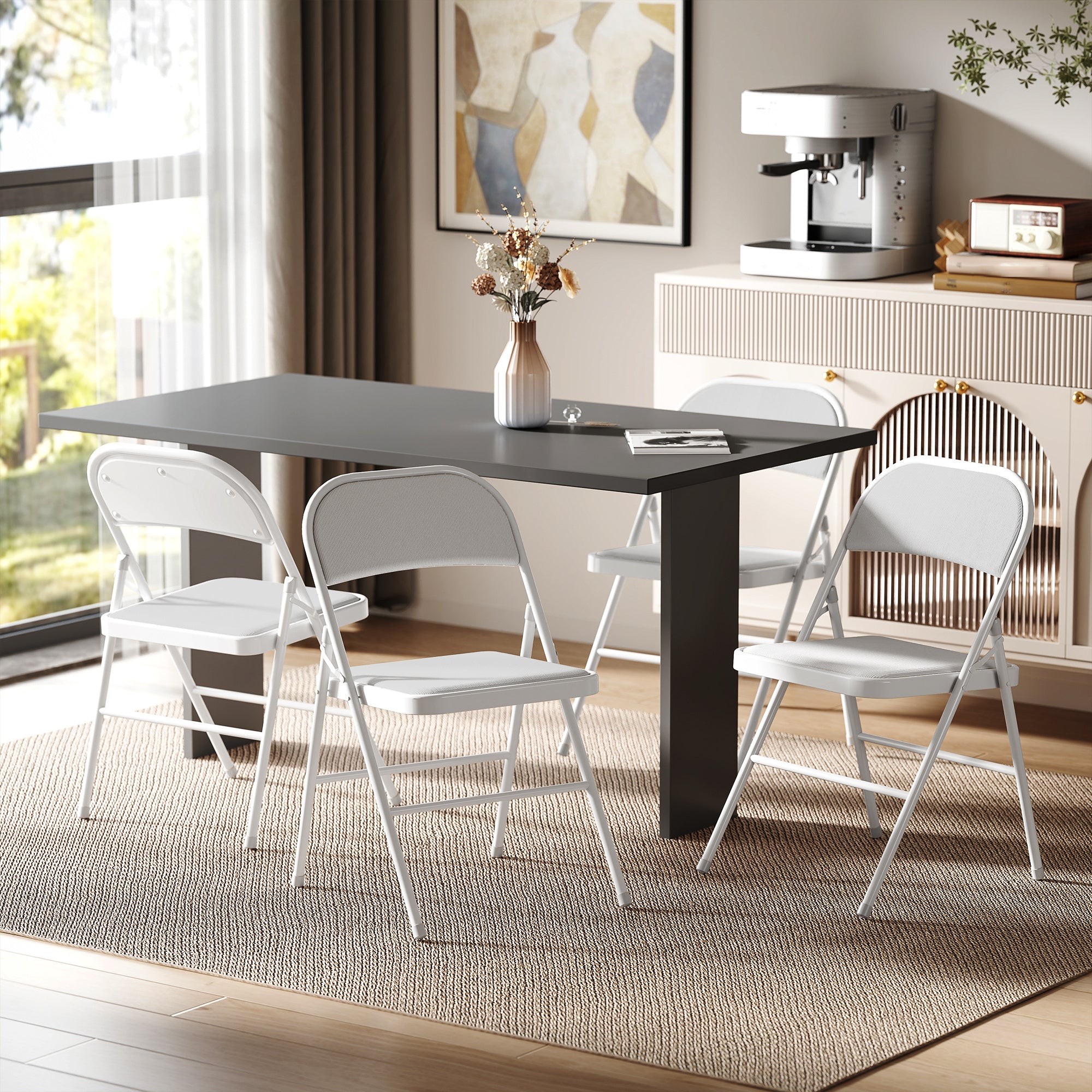 Set of 4 Metal Foldable Chairs, Corduroy Padded Folding Chairs with Cushion Seat and Open Back for Indoor, White Dining Chairs at Gallery Canada