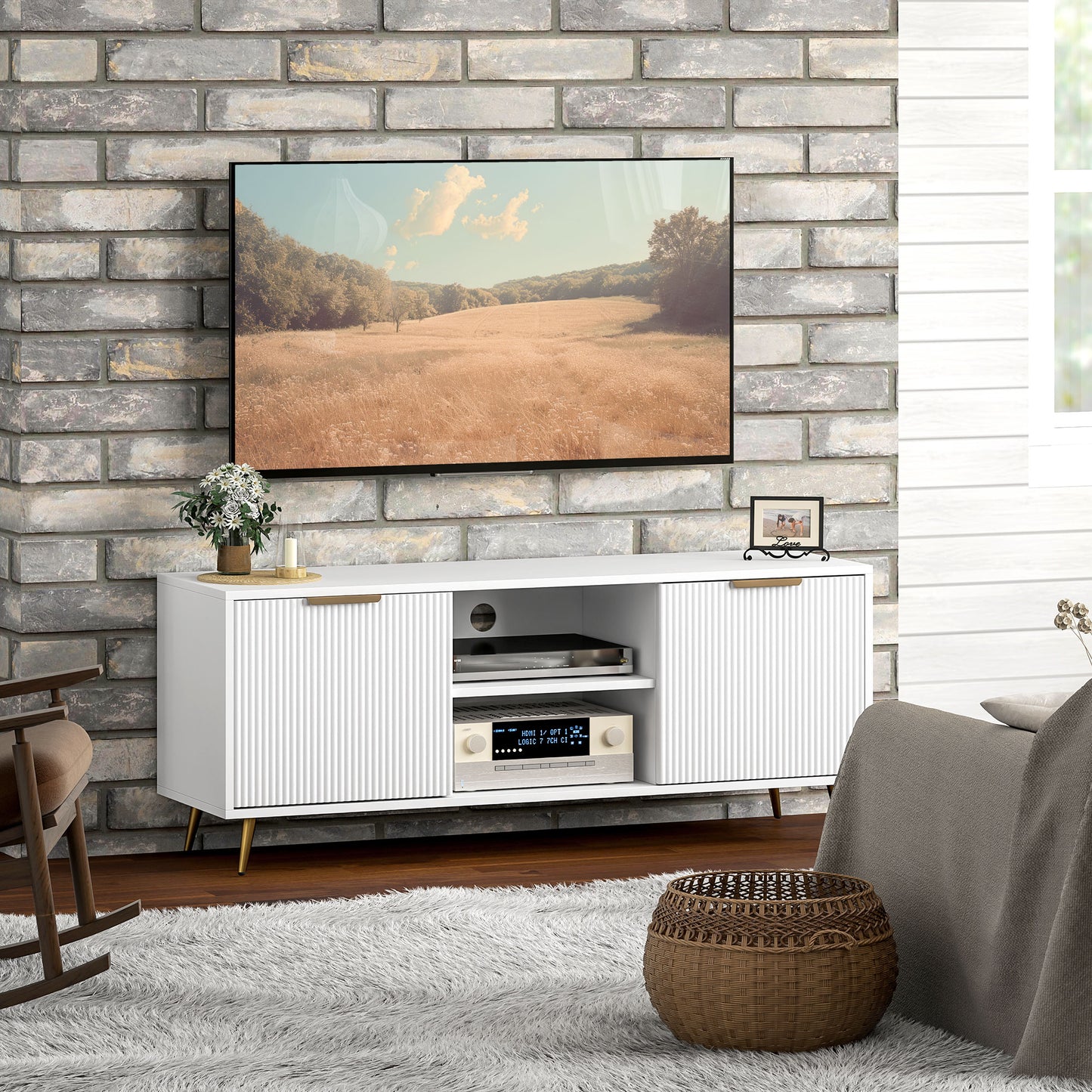 TV Stand with Storage for 55 Inch TV, Modern TV Cabinet with 2 Open Shelves and 2 Cabinets for Living Room, White TV Stands at Gallery Canada