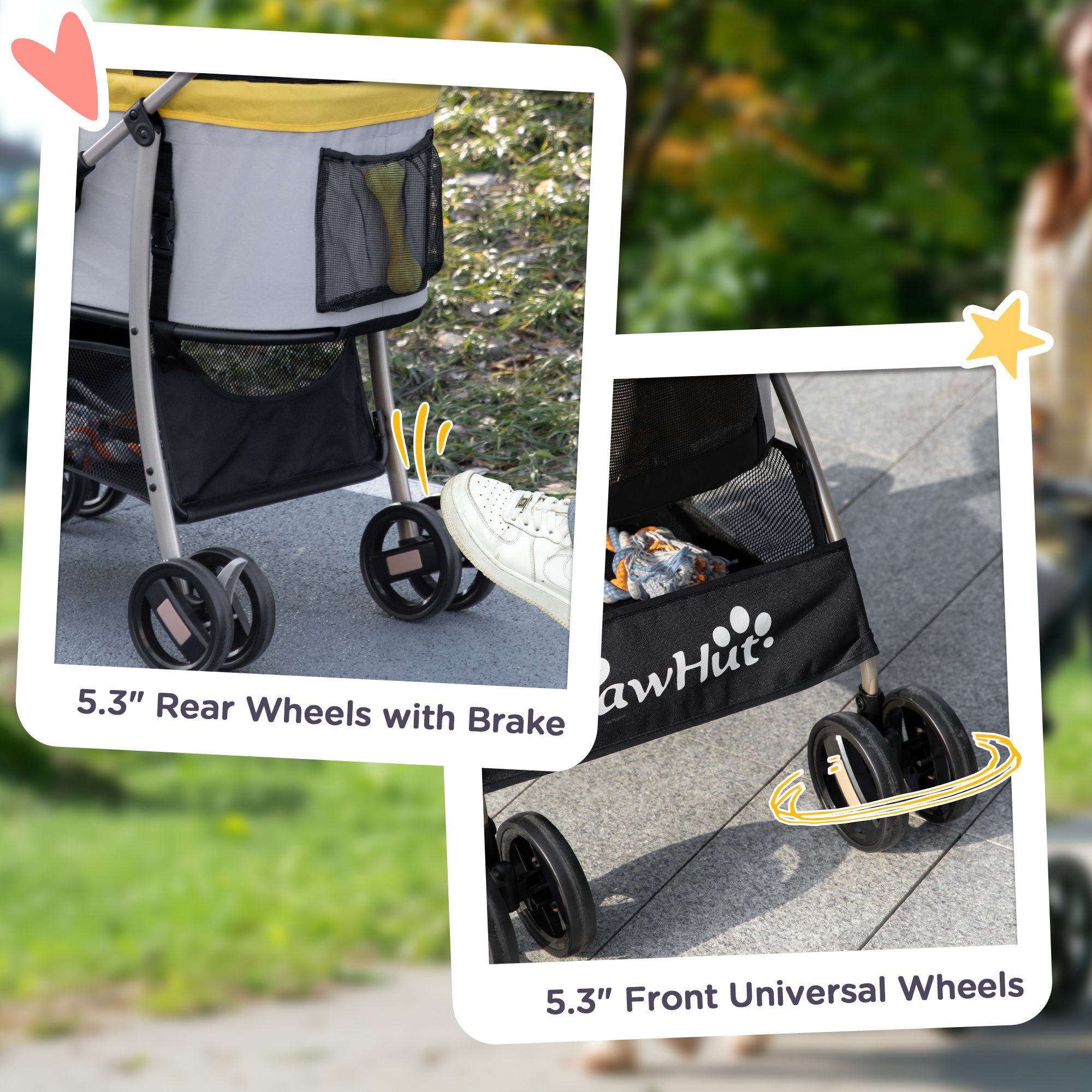 4 Wheels Pet Stroller, 3 in 1 Dog Cat Travel Folding Carrier, for Small Dogs, Detachable, w/ Brake, Canopy, Basket, Storage Bag - Yellow Dog Bike Trailers & Strollers at Gallery Canada