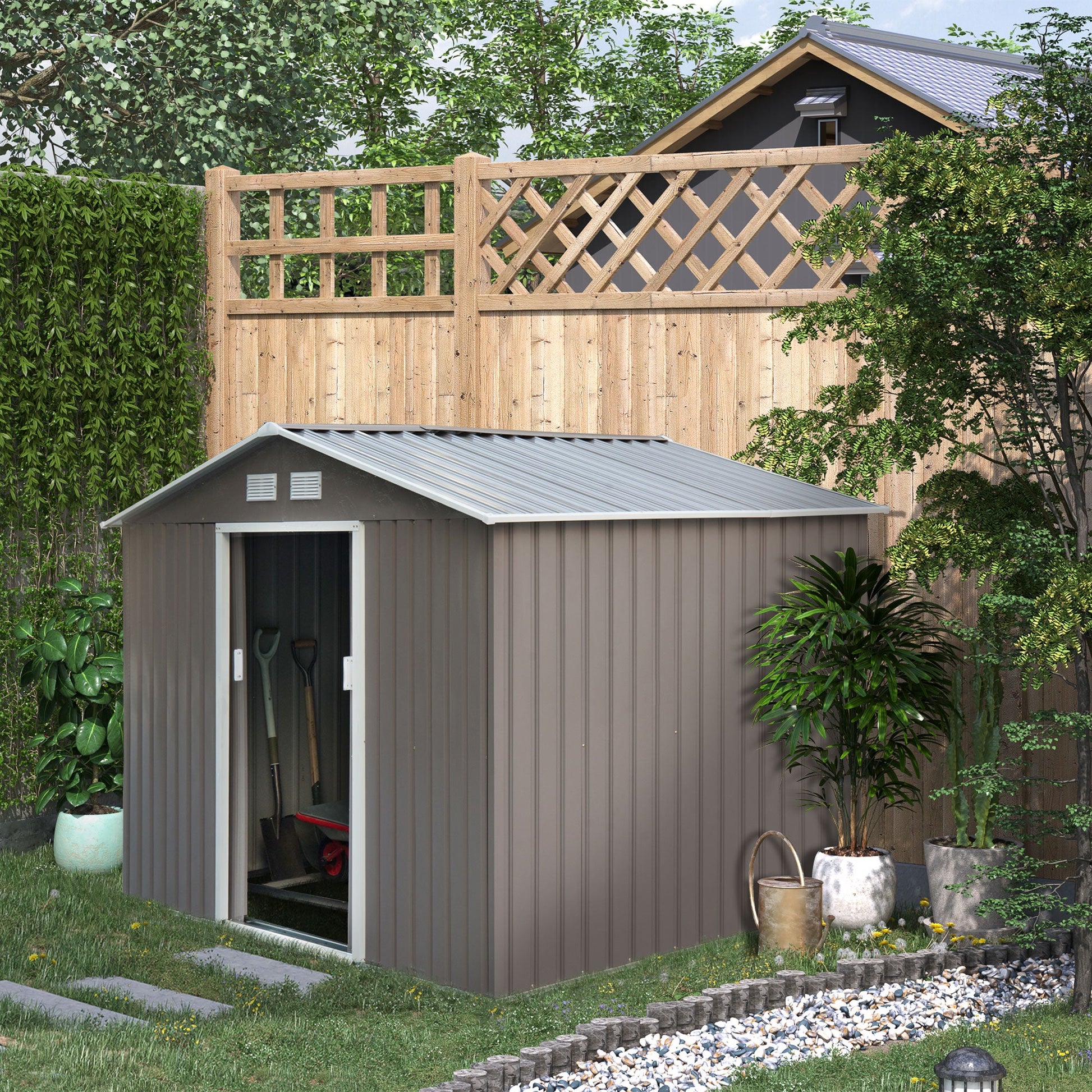 9.1' x 6.4' x 6.3 Garden Storage Shed w/Floor Foundation Outdoor Patio Yard Metal Tool Storage House w/ Double Doors Gray Sheds   at Gallery Canada