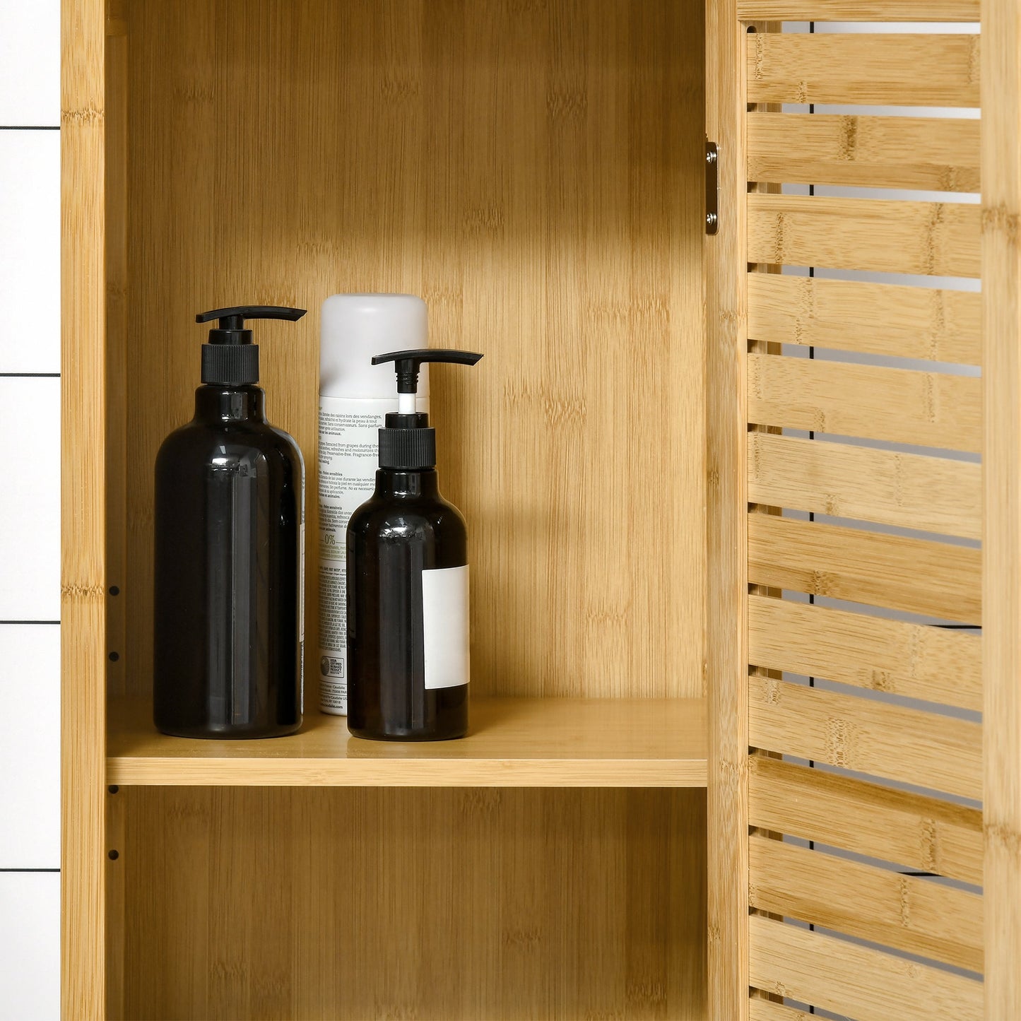 Bathroom Floor Cabinet with 3 Shelves and Cupboard, Slim and Freestanding Linen Tower with Storage, Natural Bathroom Cabinets   at Gallery Canada