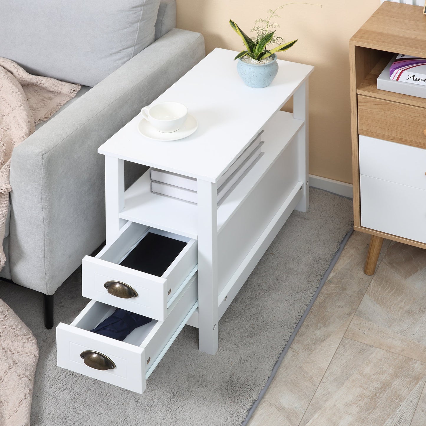 Slim End Table with 2 Drawers and Storage Shelf, Sofa Side Table for Living Room, Narrow Nightstand, White Side Tables   at Gallery Canada