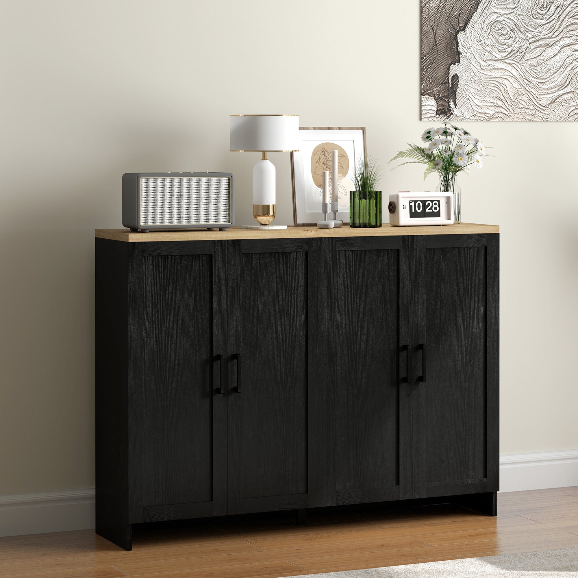 Modern Sideboard Buffet Cabinet, Modern Kitchen Storage Cabinet with 4 Doors Adjustable Shelves, for Dining Room, Black Storage Cabinets at Gallery Canada