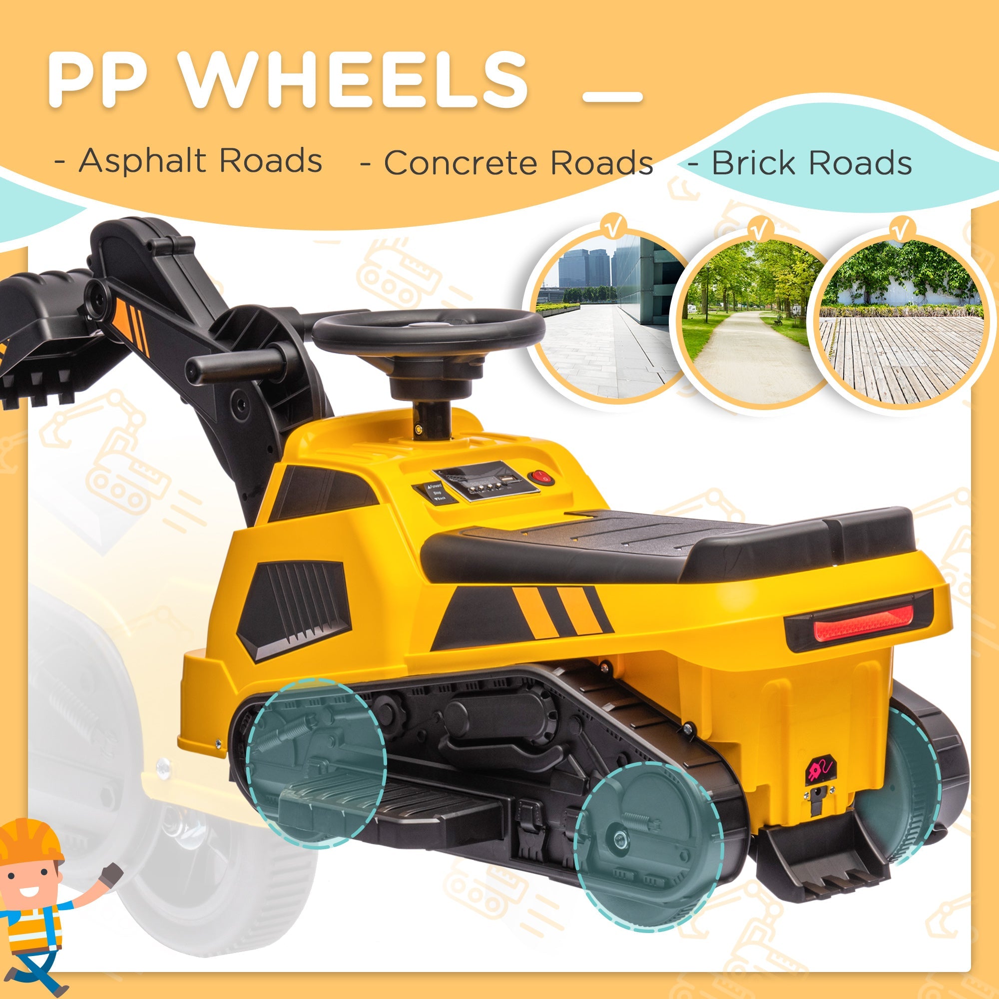 3-in-1 6V Electric Ride-On Tractor Excavator Bulldozer for Toddlers, Yellow Toy Excavators   at Gallery Canada