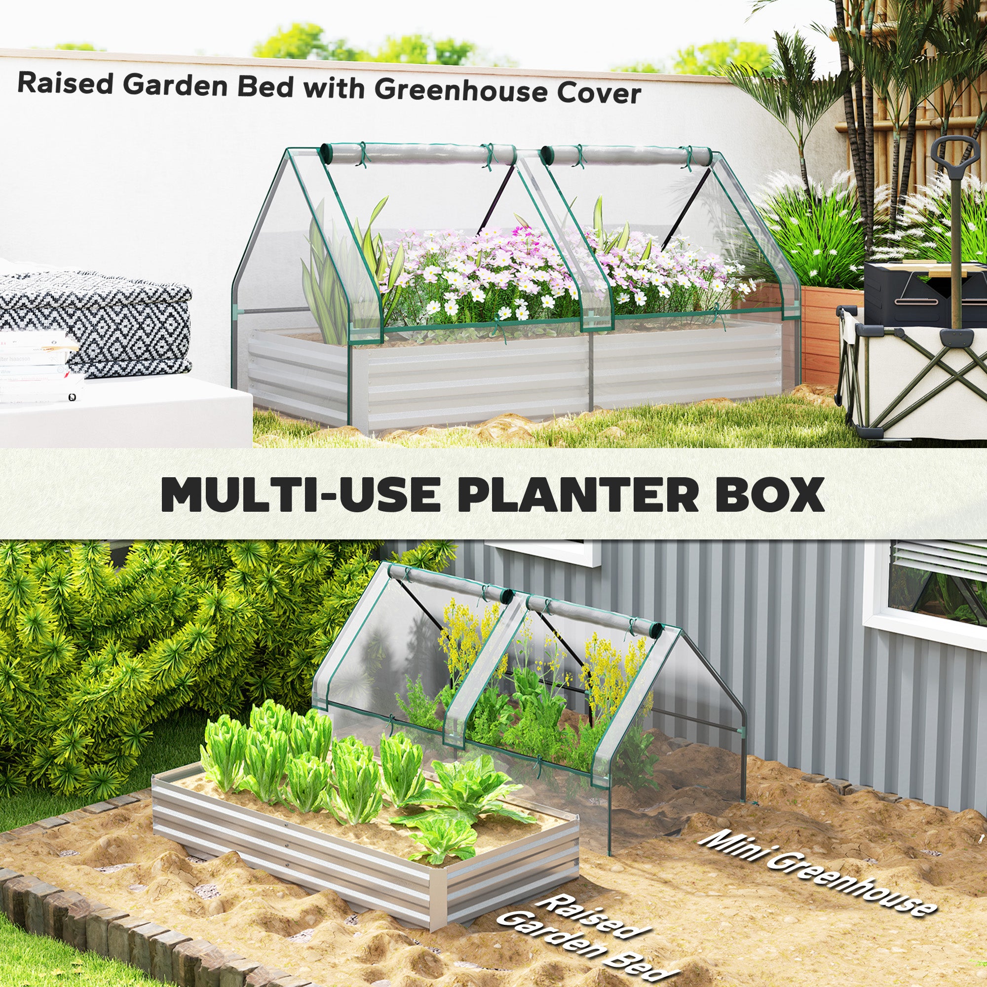 6' x 3' Metal Planter Box with Cover, Raised Garden Bed with Mini Greenhouse for Herbs, Vegetables, Clear and Silver Raised Garden Beds at Gallery Canada