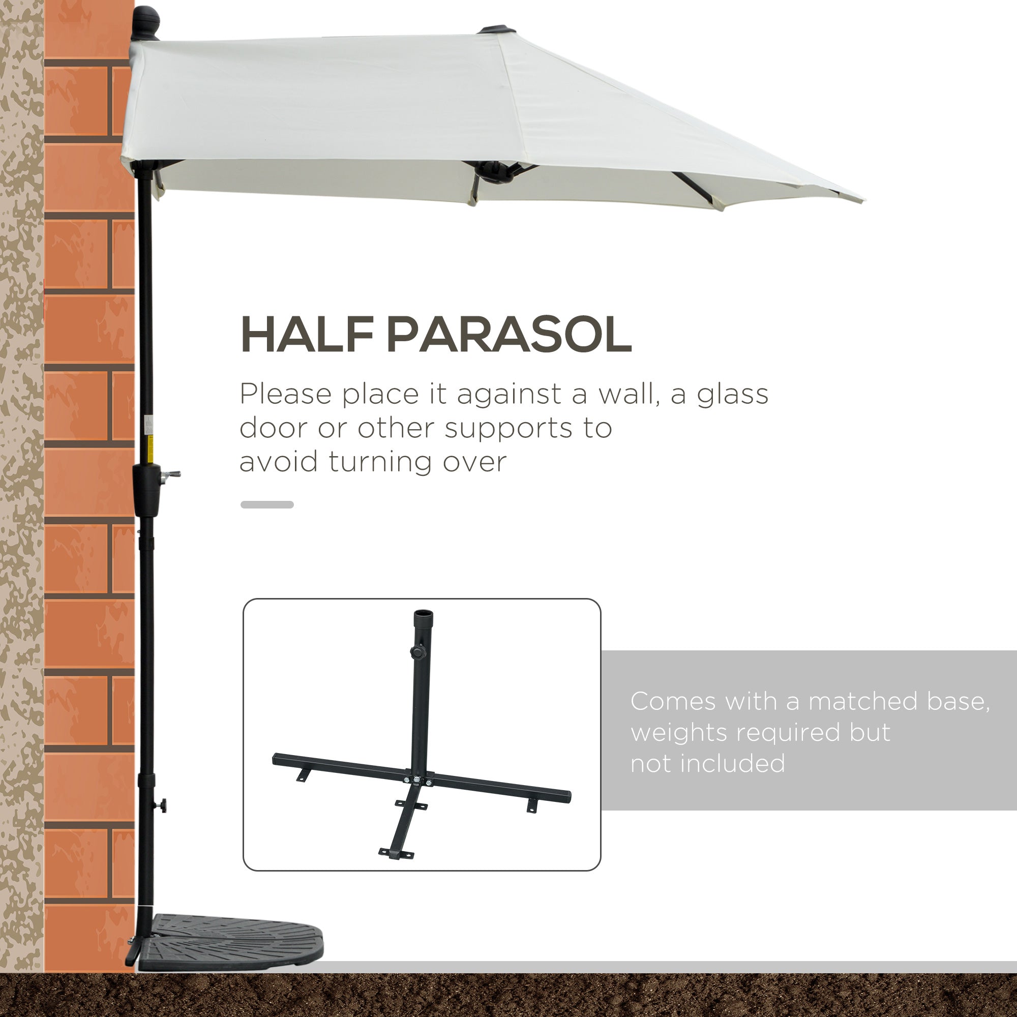 6.6 x 6ft Half Patio Umbrella Outdoor Parasol with Double-Sided Canopy, Crank Handle, Base for Garden, Balcony, Cream Sun Umbrellas   at Gallery Canada