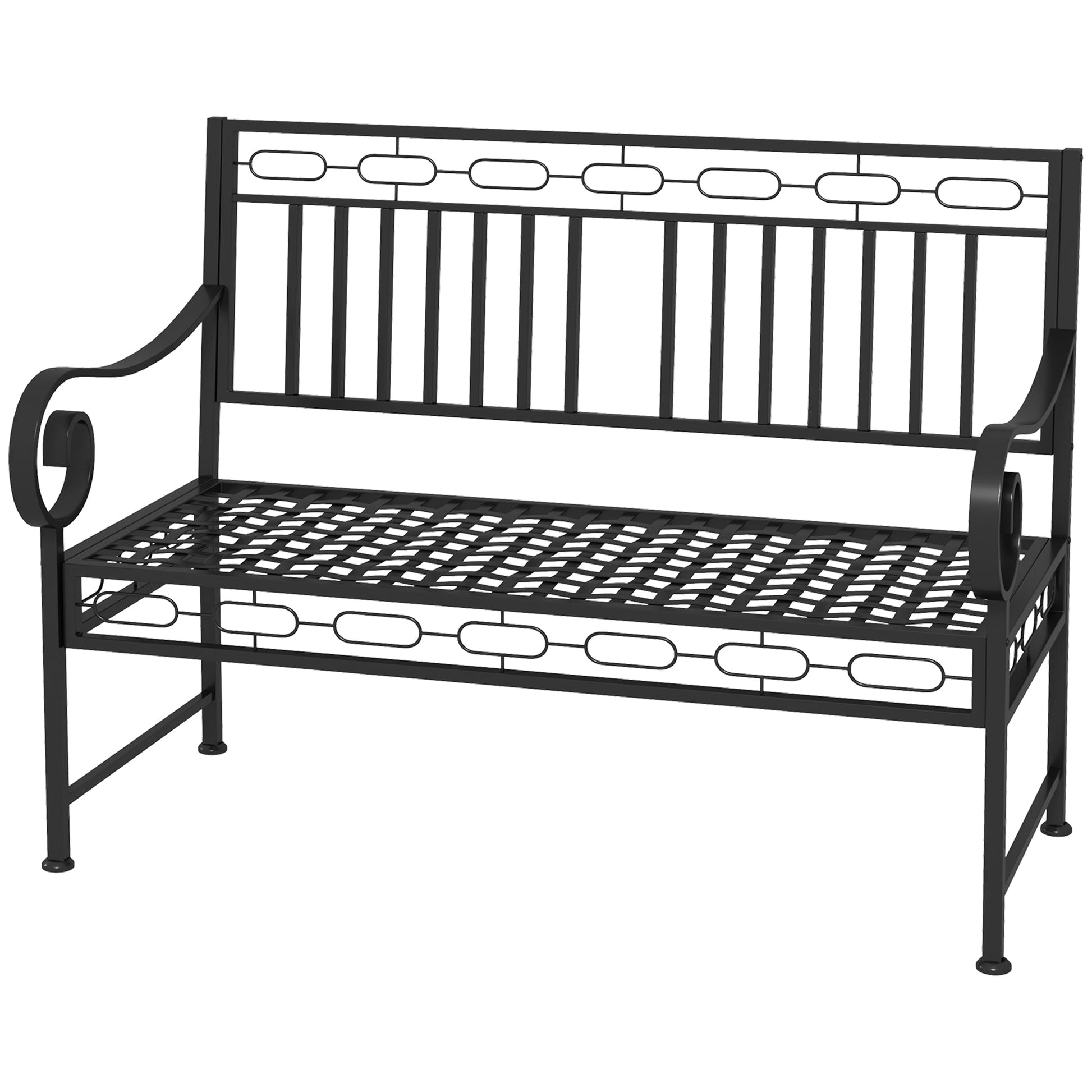 44" Metal Park Bench, 2 Seater Garden Bench with Decorative Backrest and Grid Seat for Patio, Backyard, Lawn, Black Outdoor Benches Black  at Gallery Canada