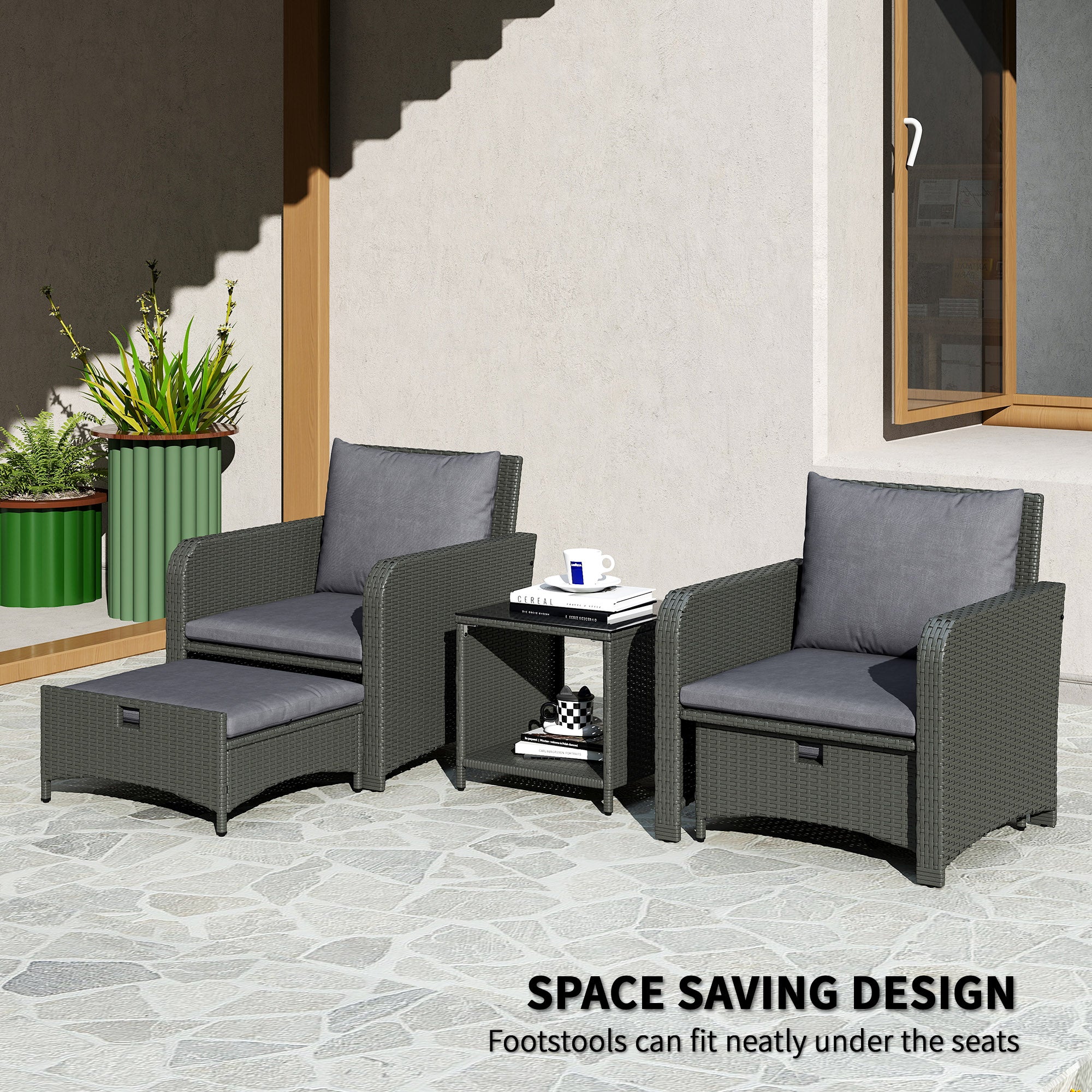5 Piece Rattan Balcony Furniture Set, Wicker Outdoor Furniture Set with 2-Tier Coffee Table, Ottomans, Grey Patio Furniture Sets at Gallery Canada
