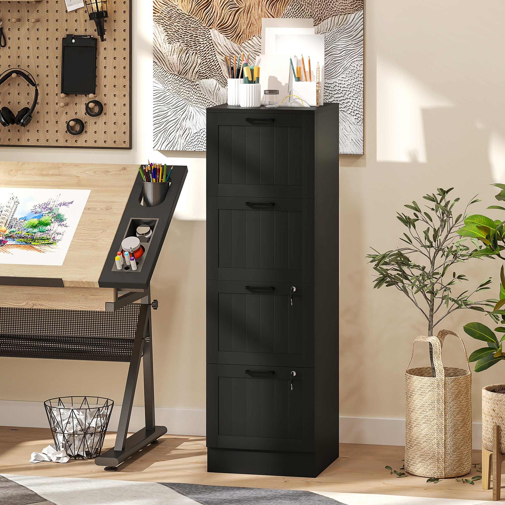 4 Drawer Filing Cabinet with Lock, Office Storage Cabinet with Adjustable Hanging Bars for A4 Letter Size Files, Black Office Cabinets & Cupboards at Gallery Canada