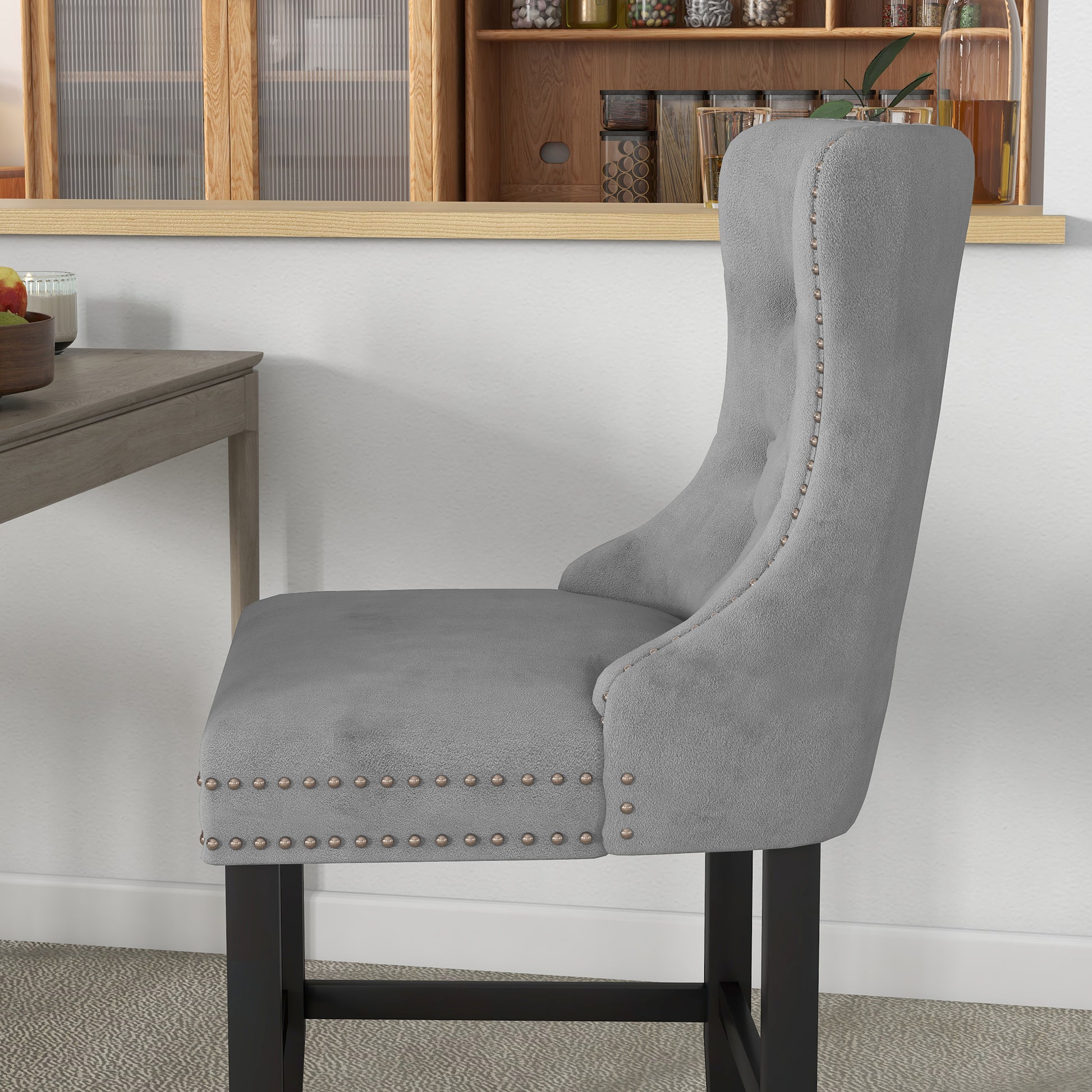 Upholstered Fabric Bar Stool Set of 2, Button Tufted 25.6" Seat Height Counter Chairs with Back &; Wood Legs, Grey Bar Stools   at Gallery Canada