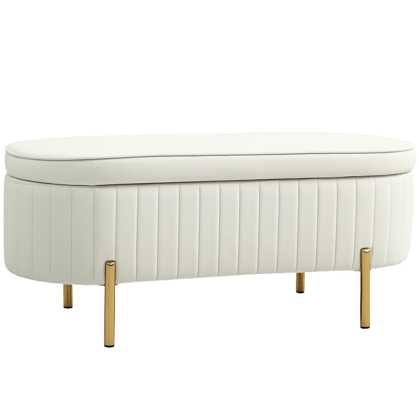 Upholstered Bedroom Bench, Channel Tufted Ottoman Bench with Thick Padding and Metal Legs, Cream White