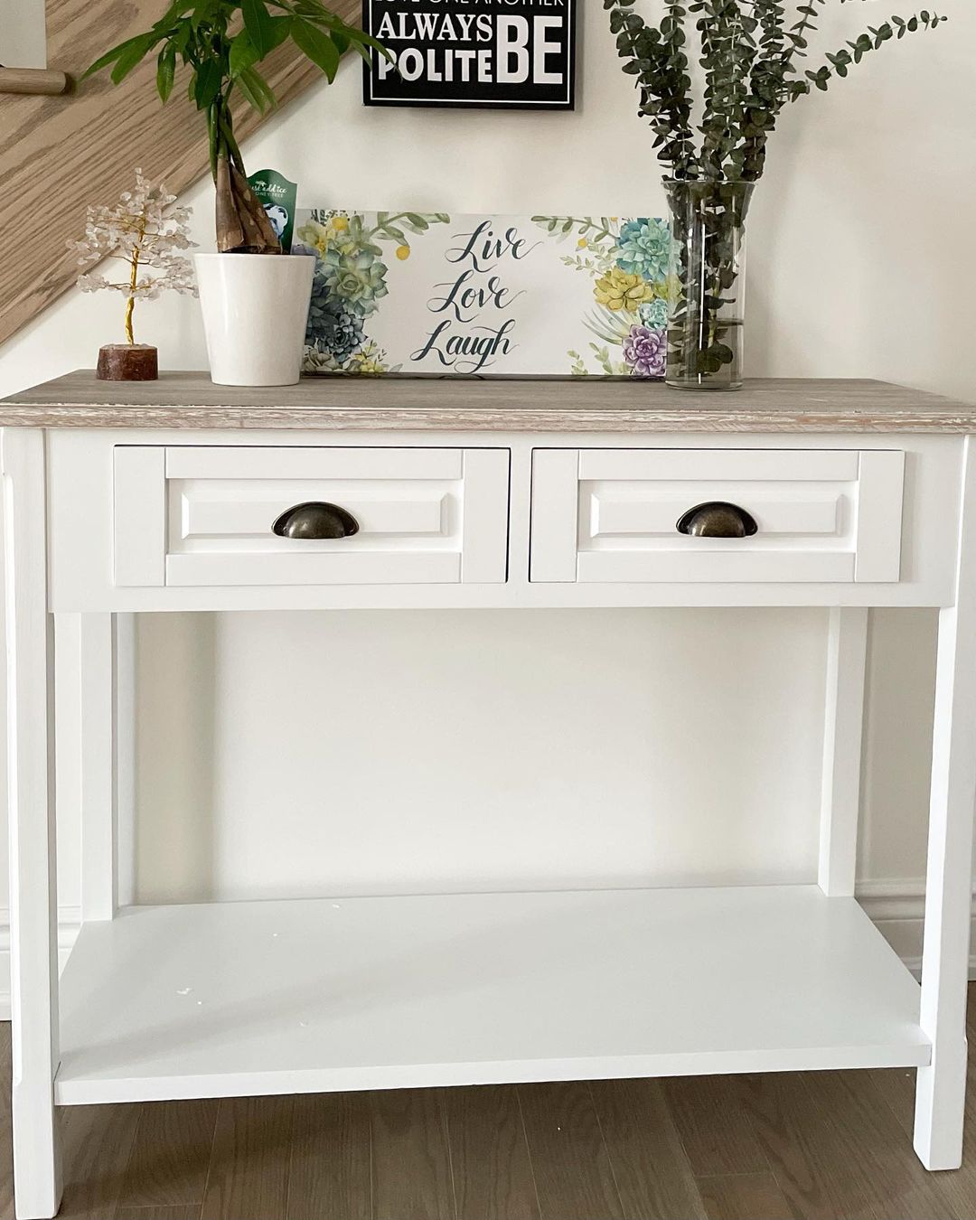 Console Table with 2 Storage Drawers and Open Shelf, Vintage Distressed Sofa Table for Hallway, Living Room, Bedroom, White Console Tables   at Gallery Canada