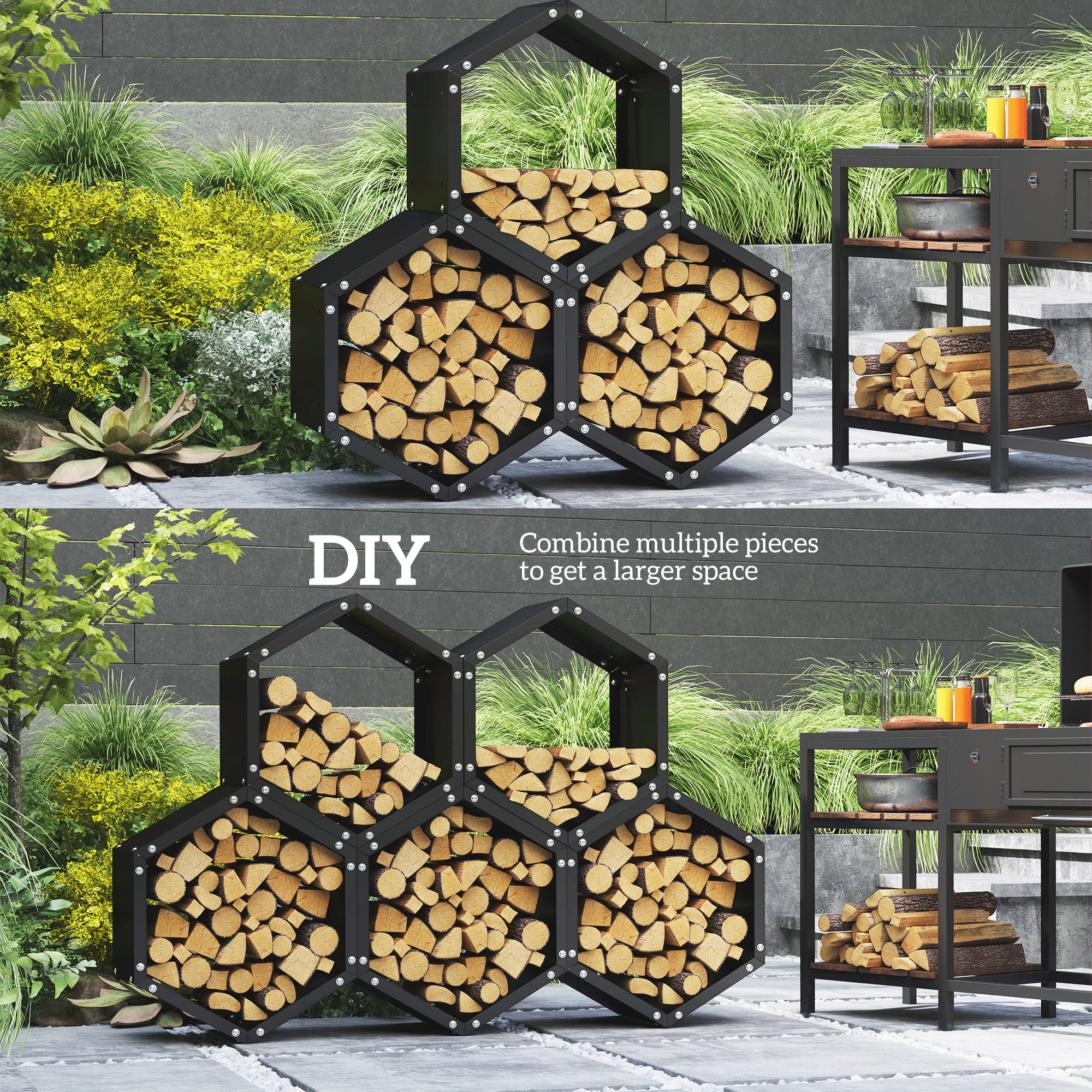 Hexagon Firewood Log Rack Heavy-Duty Steel Log Holder for Outdoor Indoor Use, 25.6