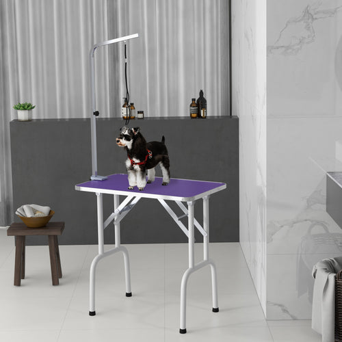Foldable Pet Grooming Table for Dogs Cats with Adjustable Arm, Non-slip Surface, Purple