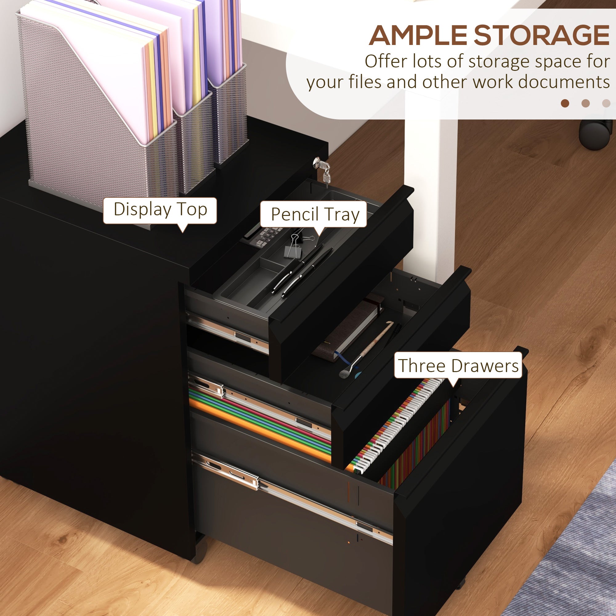 3 Drawer Vertical File Cabinet with Lock, Steel Filing Cabinet with Wheels and Hanging Bar for A4 Legal and Letter Size Files, Printer Stand with Pre-Assembled Body, Black Office Cabinets & Cupboards at Gallery Canada