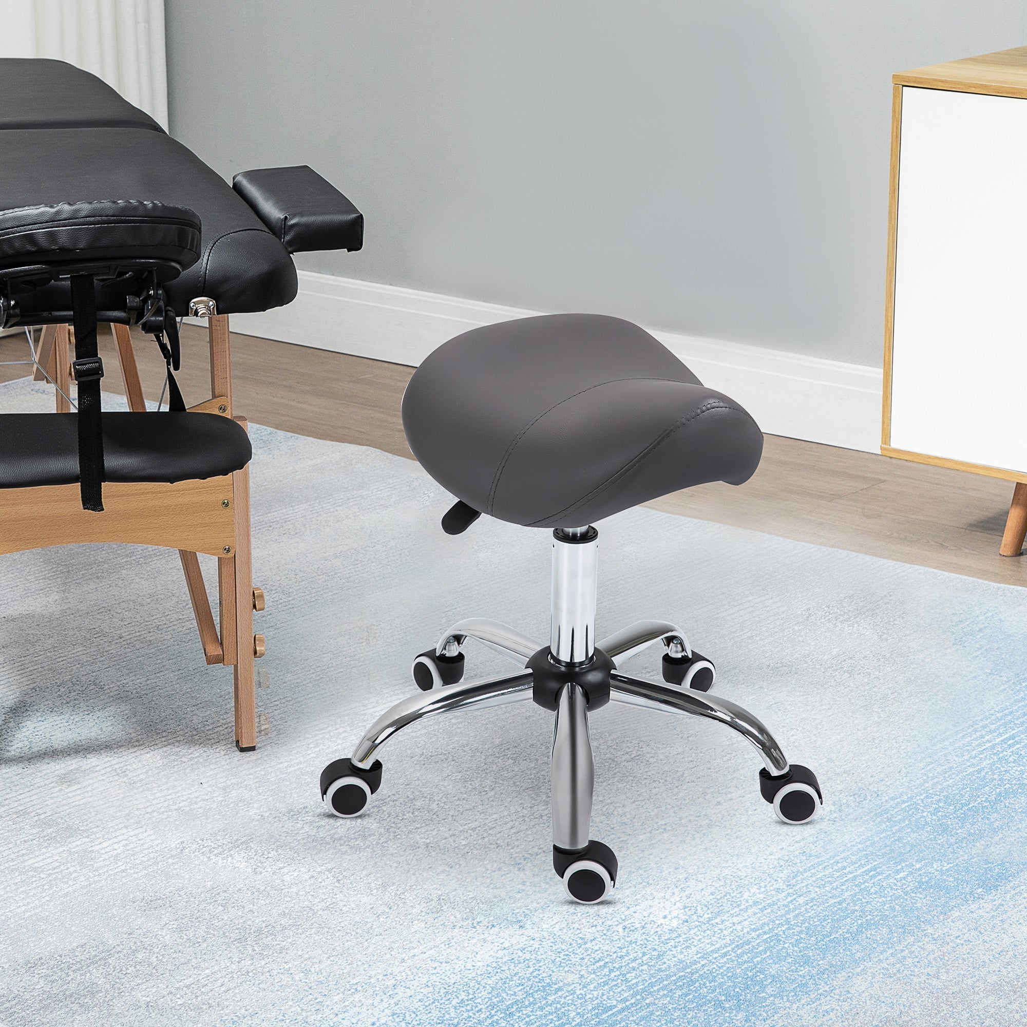 Adjustable Hydraulic Rolling Salon Stool Swivel Saddle Chair Spa Beauty Seat PU Leather, Grey Salon Stools   at Gallery Canada