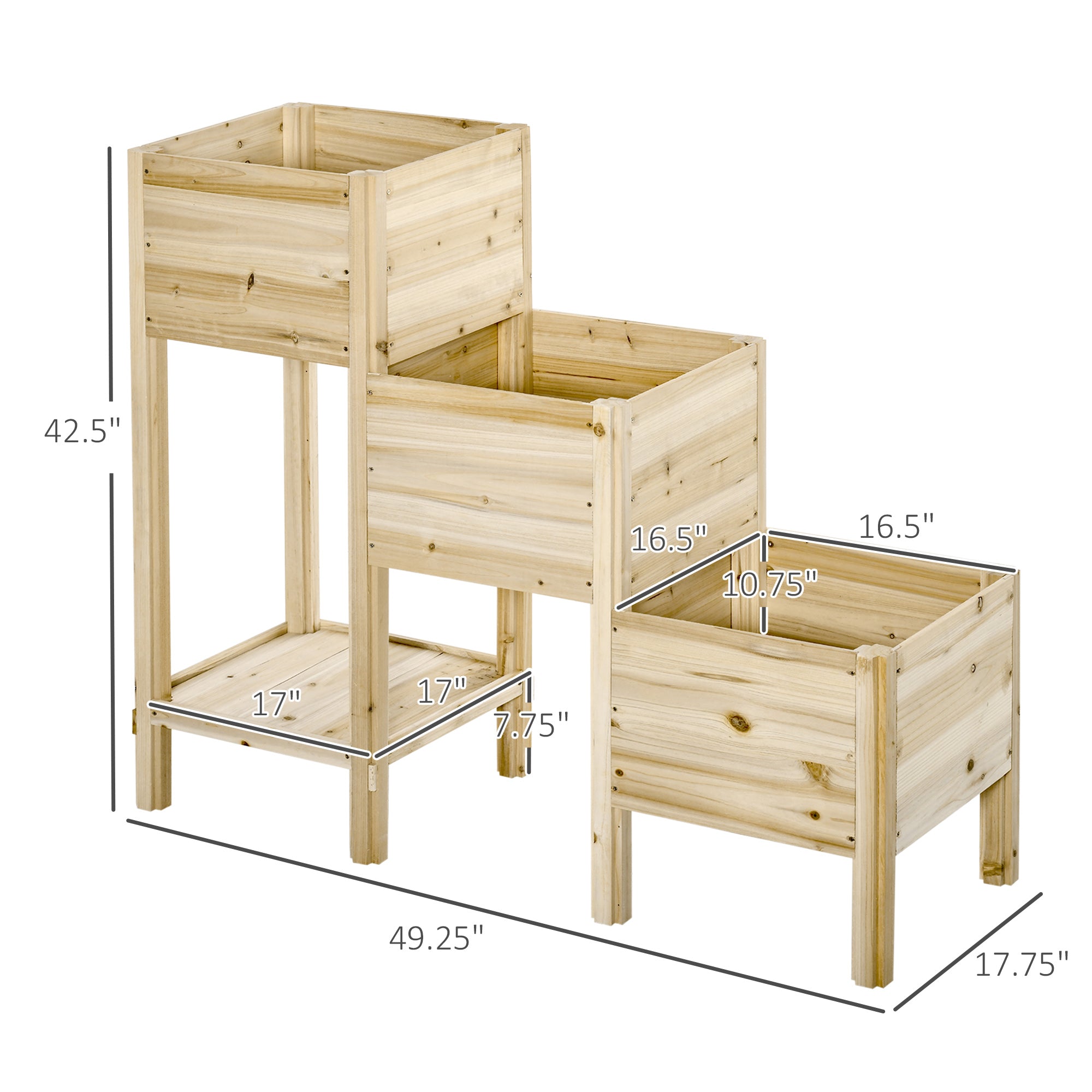 3-Tier Raised Garden Bed with Storage Shelf and Drainage Hole, 49