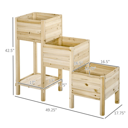 3-Tier Raised Garden Bed with Storage Shelf and Drainage Hole, 49"x18"x43", Natural Wood Elevated Garden Beds   at Gallery Canada