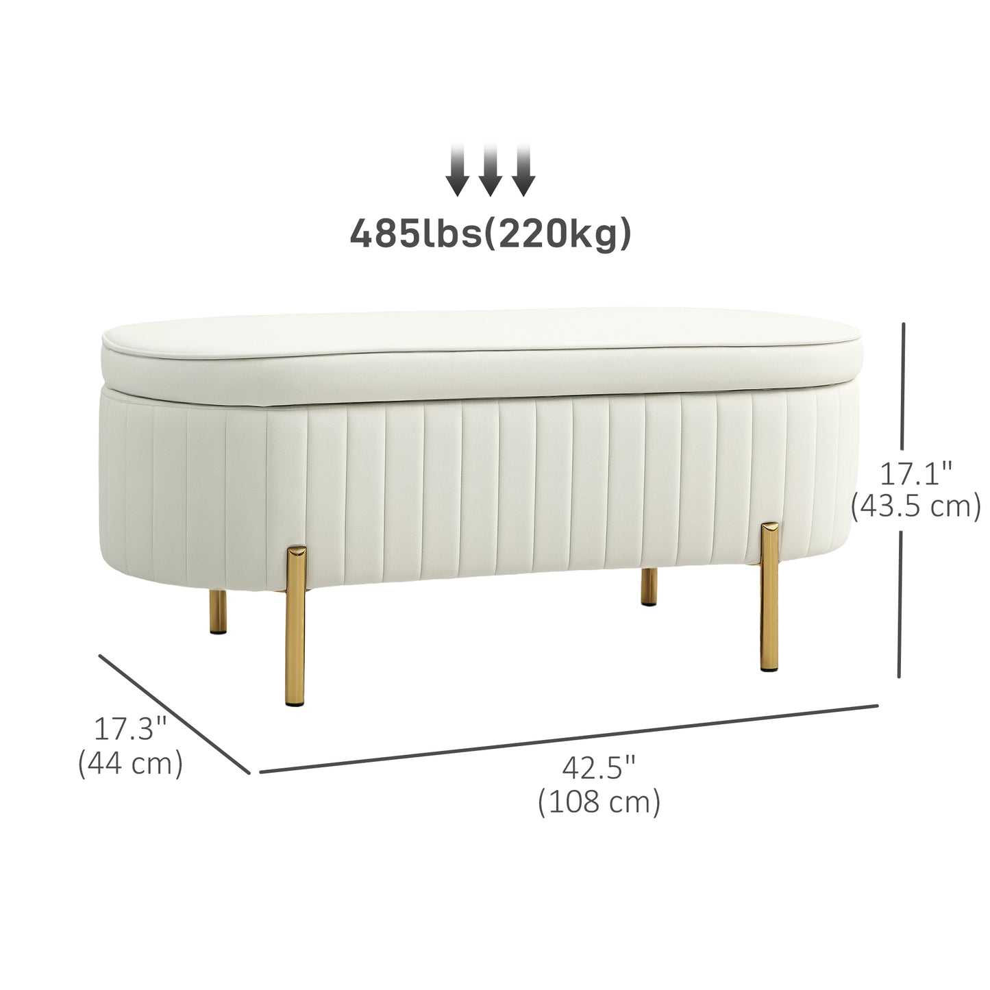 Upholstered Bedroom Bench, Channel Tufted Ottoman Bench with Thick Padding and Metal Legs, Cream White