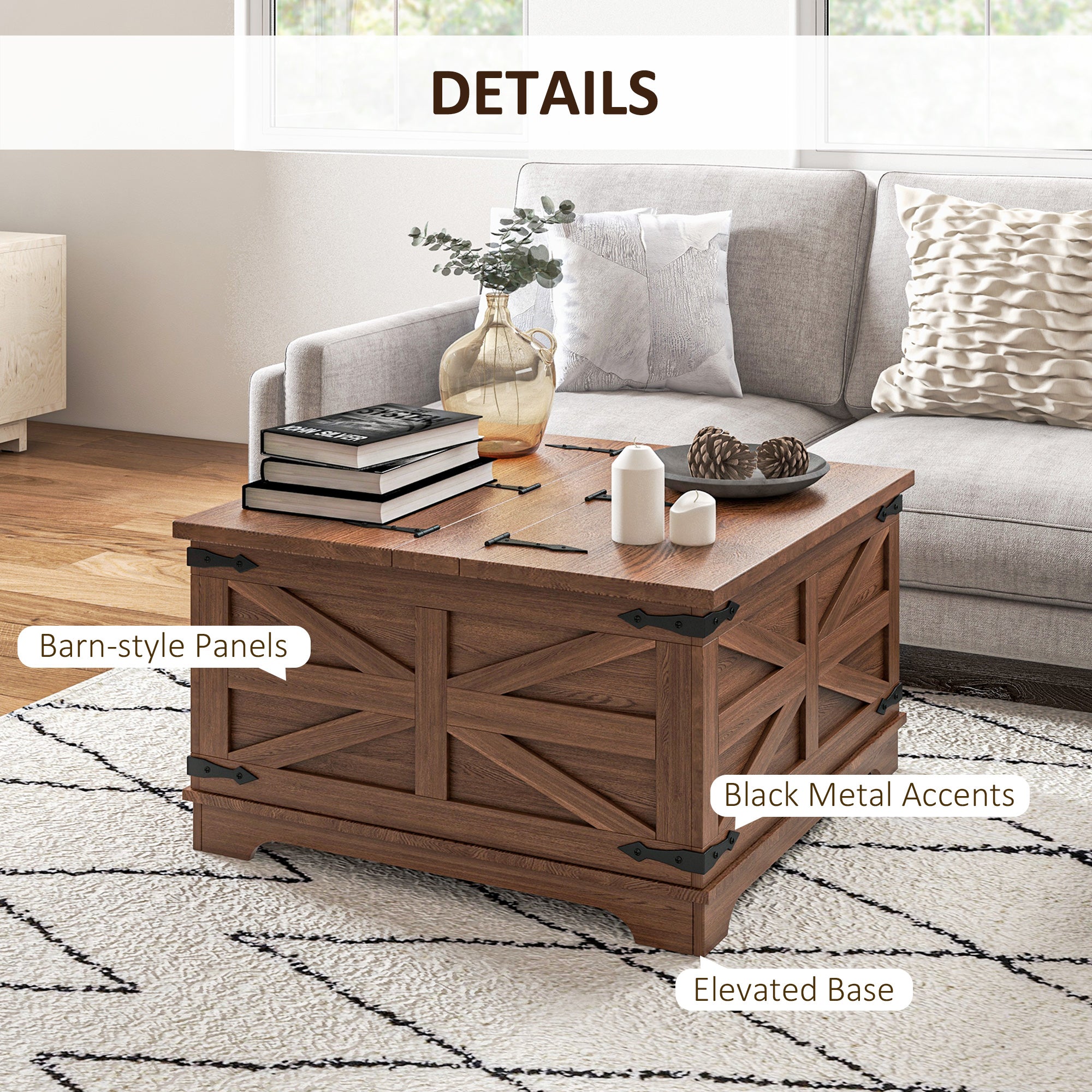 Farmhouse Coffee Table, Square Center Table with Flip-top Lids, Hidden Storage Compartment, Brown Coffee Tables at Gallery Canada