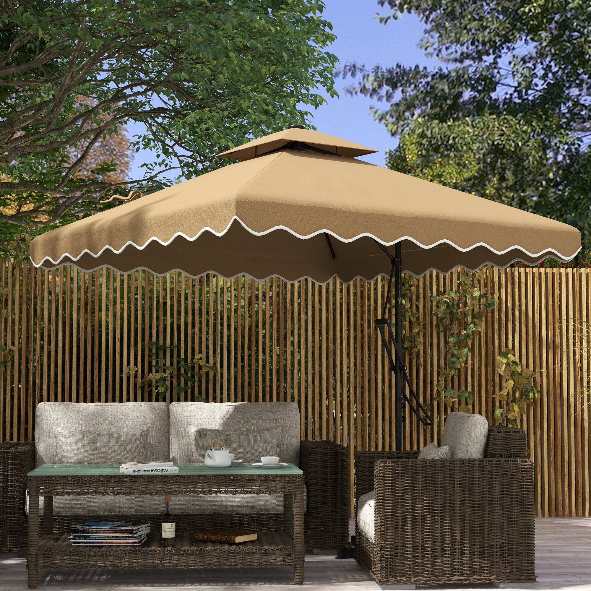 8' x 8' Square Double Top Offset Patio Umbrella Garden Parasol with Ruffles, Lever Handle and Weights, Khaki Cantilever Umbrellas   at Gallery Canada