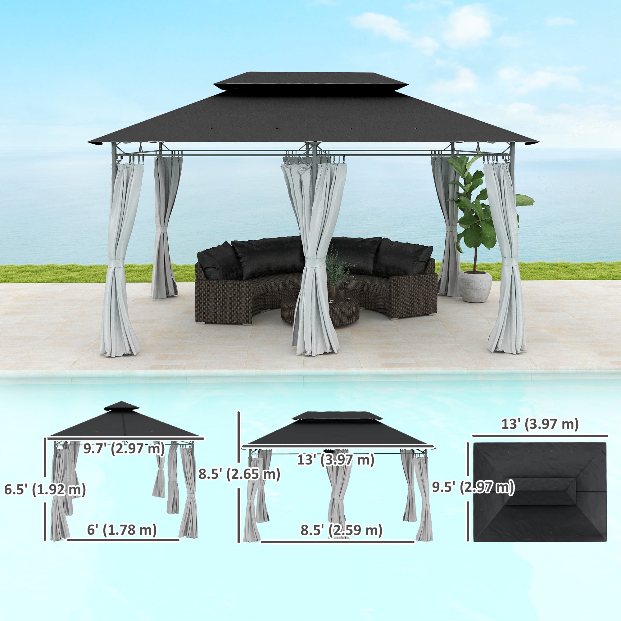10' x 13' Double Roof Patio Gazebo, Outdoor Gazebo with Curtains, for Garden, Lawn, Backyard and Deck, Dark Grey Gazebos at Gallery Canada