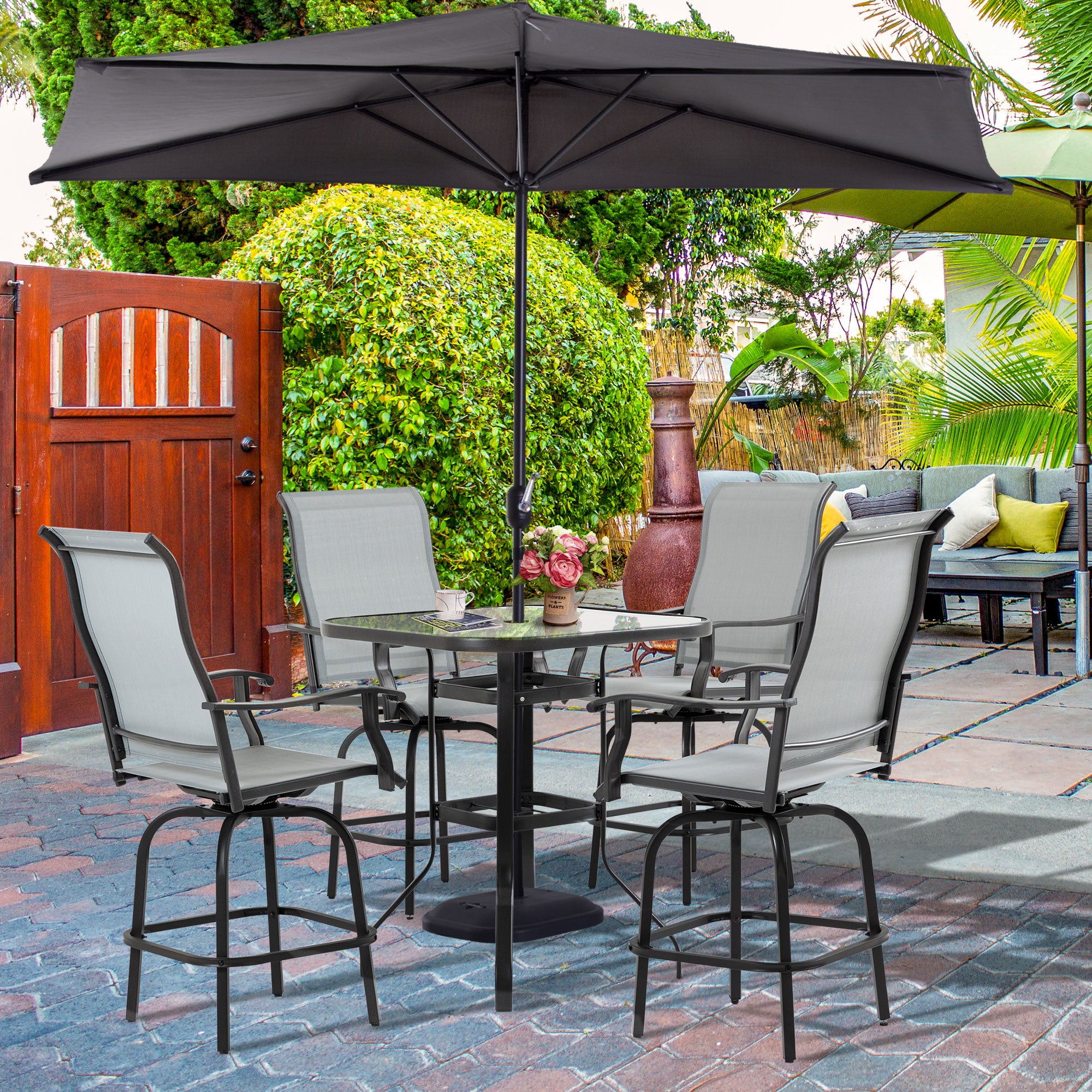 5 Pieces Patio Furniture Set, Outdoor Garden Conversation Set with Tempered Glass Table, 4 Swivel Chairs and Umbrella Hole, Grey Bistro Sets at Gallery Canada