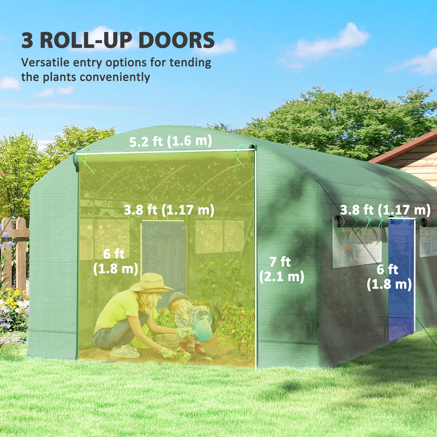 19.5' x 10' x 7.5' Walk-in Tunnel Greenhouse with 3 Roll-Up Doors and Large Mesh Windows, Outdoor Green House, Plant Hot House Tent with Galvanized Steel Frame, Green Tunnel Greenhouses at Gallery Canada