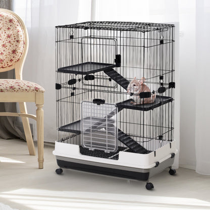 32"L 4-Level Small Animal Cage Rabbit Hutch with Universal Lockable Wheels, Slide-out Tray for Bunny, Chinchillas, Ferret, Black Houses & Habitats   at Gallery Canada