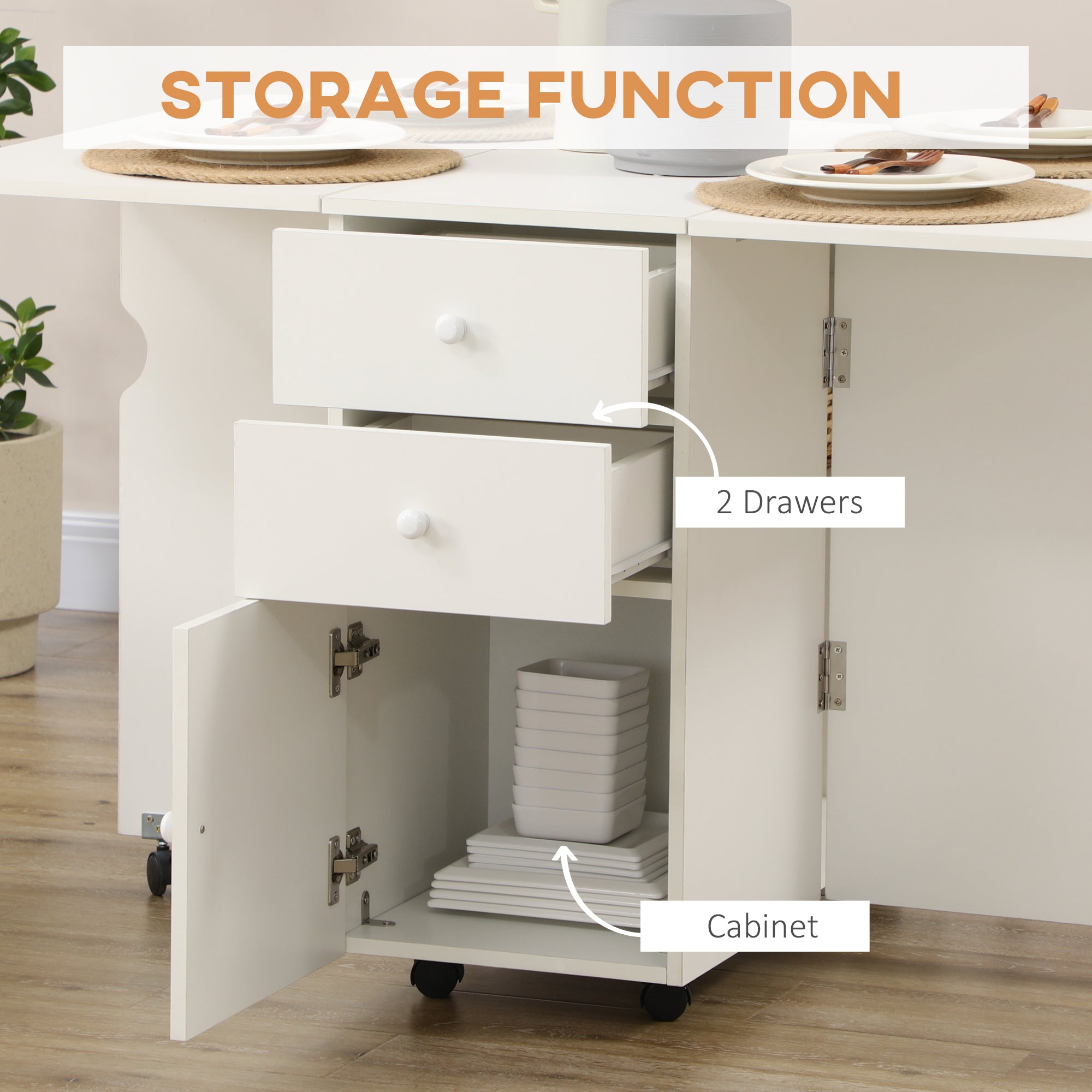 Extendable Dining Table, Drop Leaf Table with 2 Drawers, Cabinet and 6 Wheels for Small Spaces, Kitchen, White Bar Tables & Dining Tables at Gallery Canada