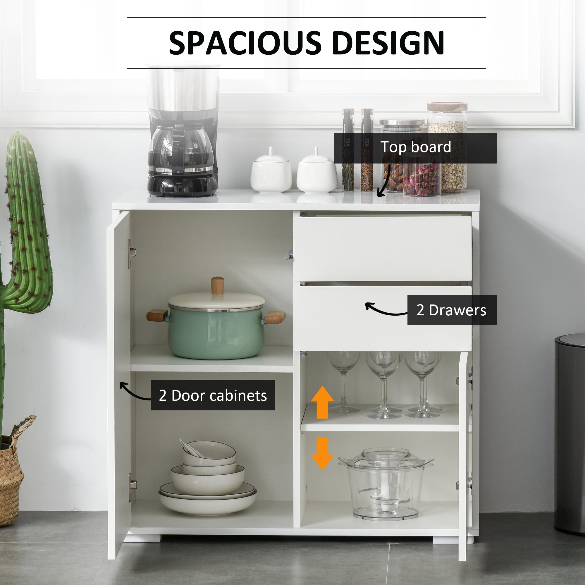 High Gloss Buffet Sideboard with 2 Drawers, 2 Doors and Adjustable Shelf, Kitchen Storage Cabinet with Push Open Design, White Bar Cabinets at Gallery Canada