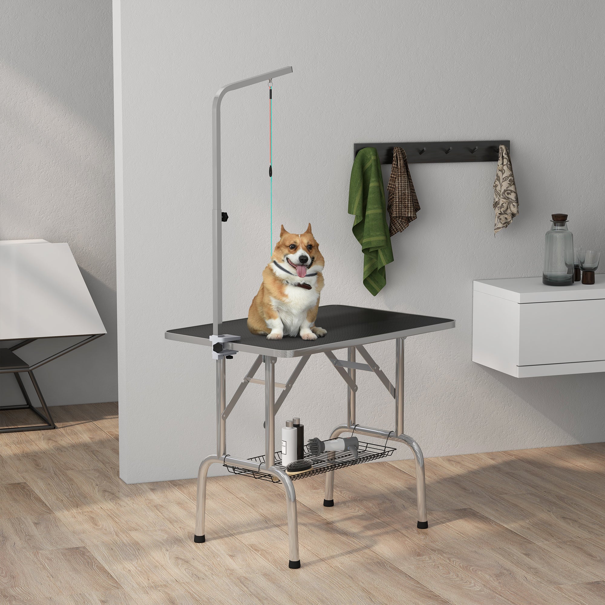 Foldable Grooming Table for Dogs with Height Adjustable Grooming Arm, Storage Shelf, Black Dog Grooming Tables at Gallery Canada